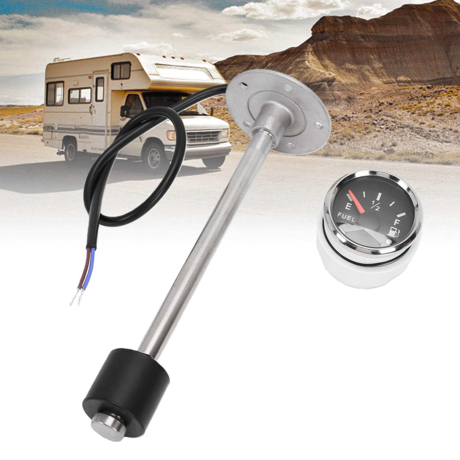 Unidad de Envío de Tanque de y Kit de Medidor Sensor de Nivel de de Acero Inoxidable de 225 Mm 0-190 Ohmios con Indicador de Vidrio Curvado Antivaho para Barcos, Automóviles,