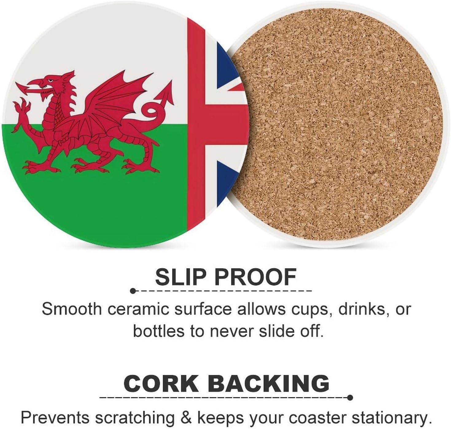 Union Wales Friendship Flags Round Ceramic Coasters for Drinks Absorbent Cup Holder Tabletop Protector with Cork Base