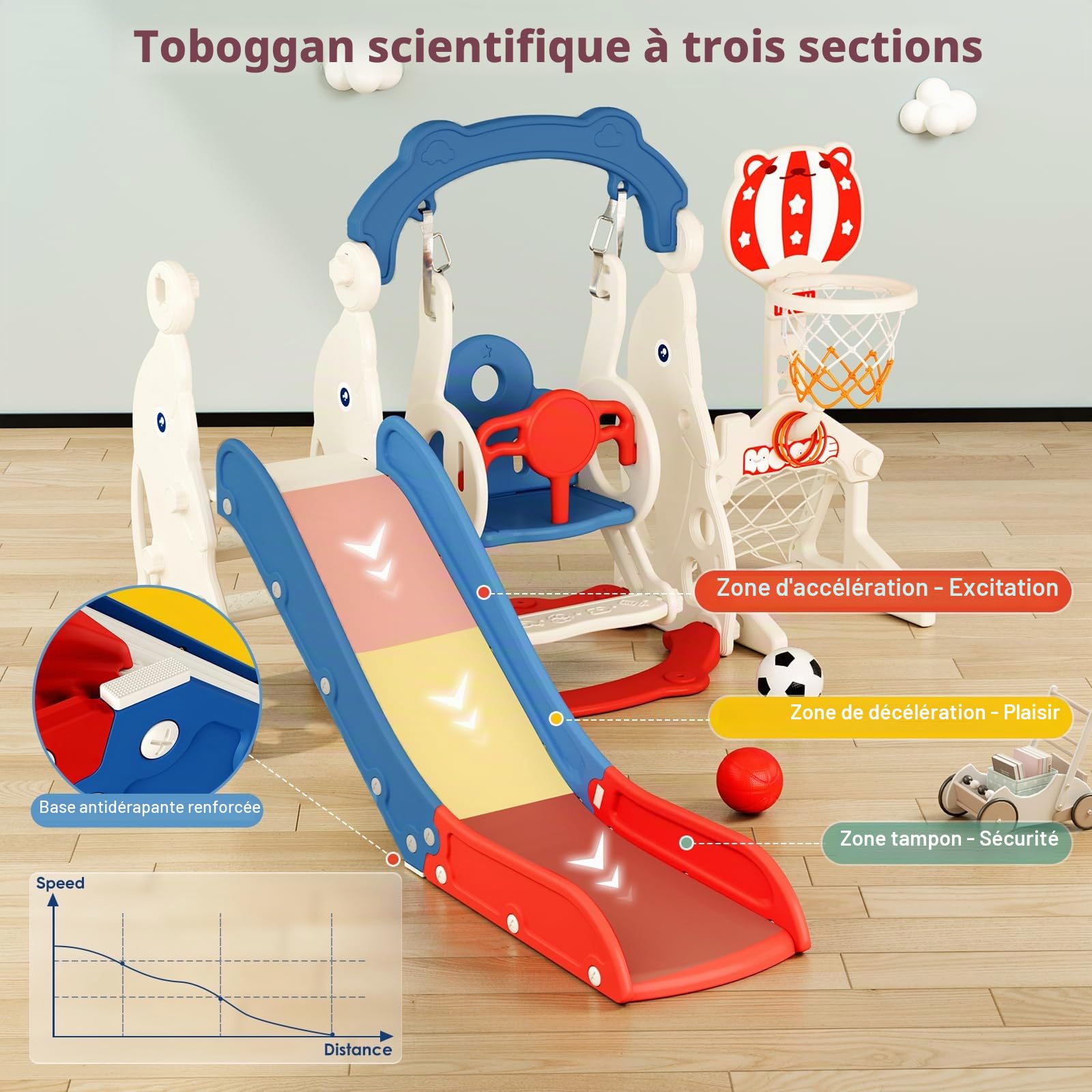 Toboggan 11 en 1 pour Tout-Petits, Toboggan intérieur et extérieur pour Enfants avec Panier de Basket, Golf, télescope et Espace de Rangement， pour 1 à 3 Ans