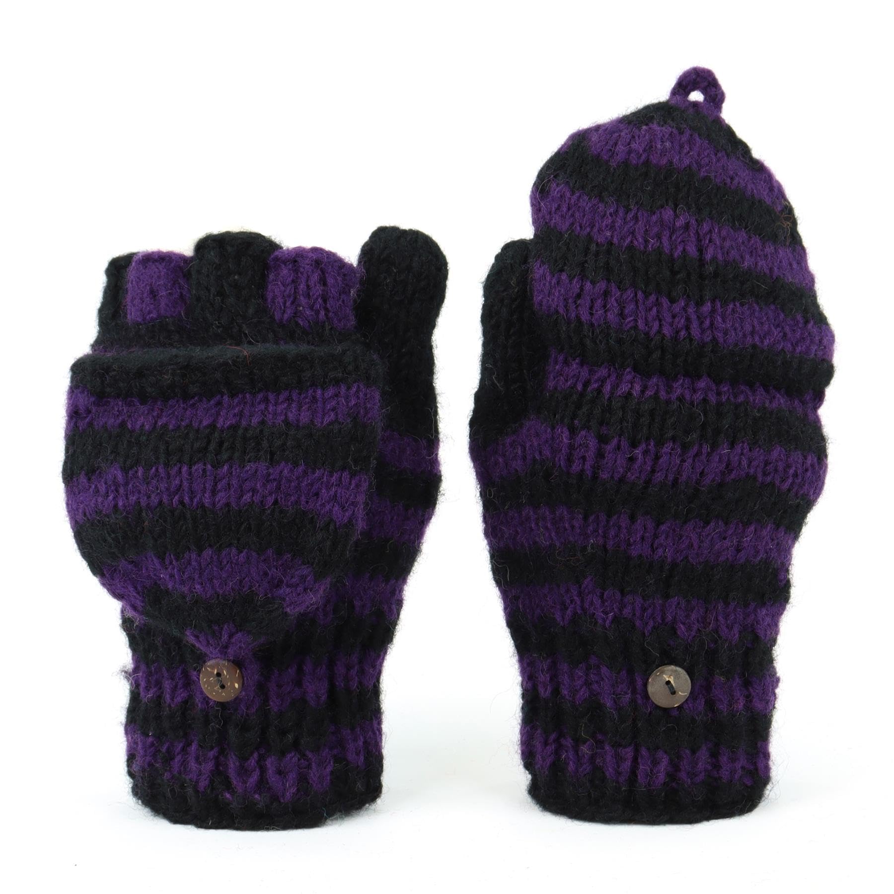 Loudelephant Unisex Stripe Purple Black Hand Knitted Wool Shooter Gloves - Sd Rainbow
