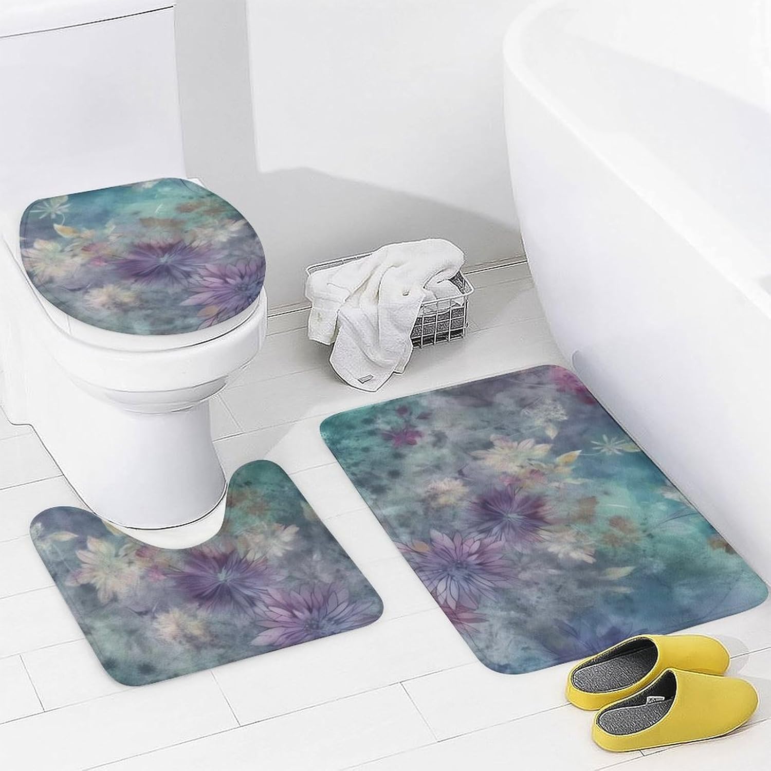 and Green Shower Curtain Set 4 Piece, Non-Slip Bath Mat with Toilet Lid Cover and Waterproof Shower Curtain with 12 Hooks, Complete Bathroom Set for Home Decor