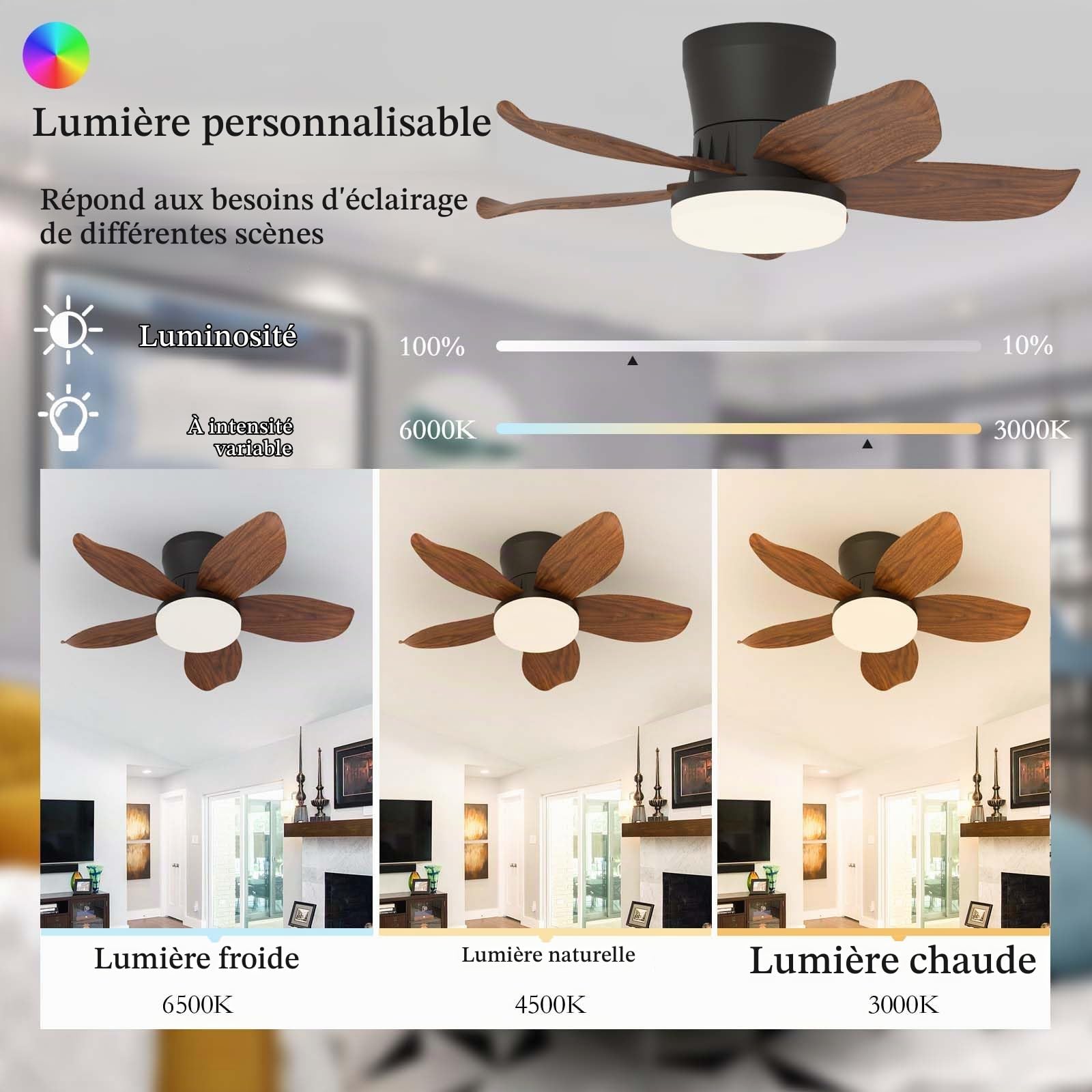 Moderne Petit Lustre Ventilateur De Plafond LED Avec Telecommande APP, 6 Vitesses Moteur DC Réversible Eté Hiver 3 Pales Ventilateur Silencieux Plafond Pour Chambre/Salon-Brown Wood Grain