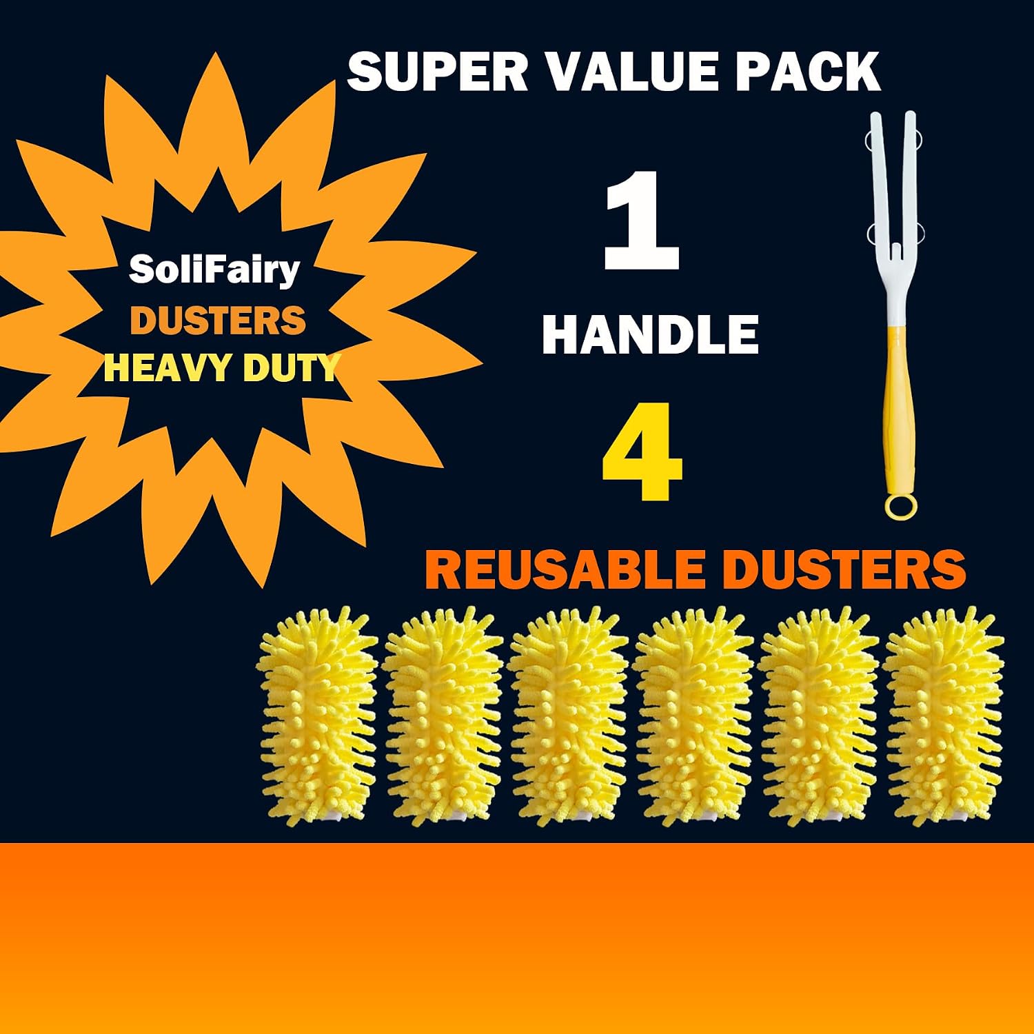Reusable Duster for Swiffer, 4 Refills + 1 Handle, Yellow | 360 Heavy Duty Duster Refill, Compatible with Swiffer Hand Dusters, For Dusting Furniture, Blinds, Ceiling Fans, Walls