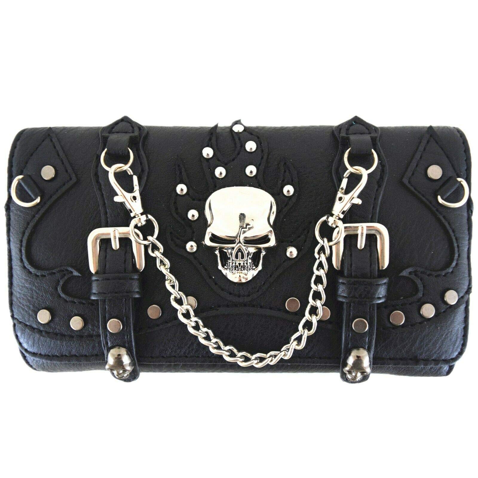 Punk Gothic Rock Metallic Skull Studded Chain Women Wristlet Removable Shoulder Strap Trifold Wallet Black