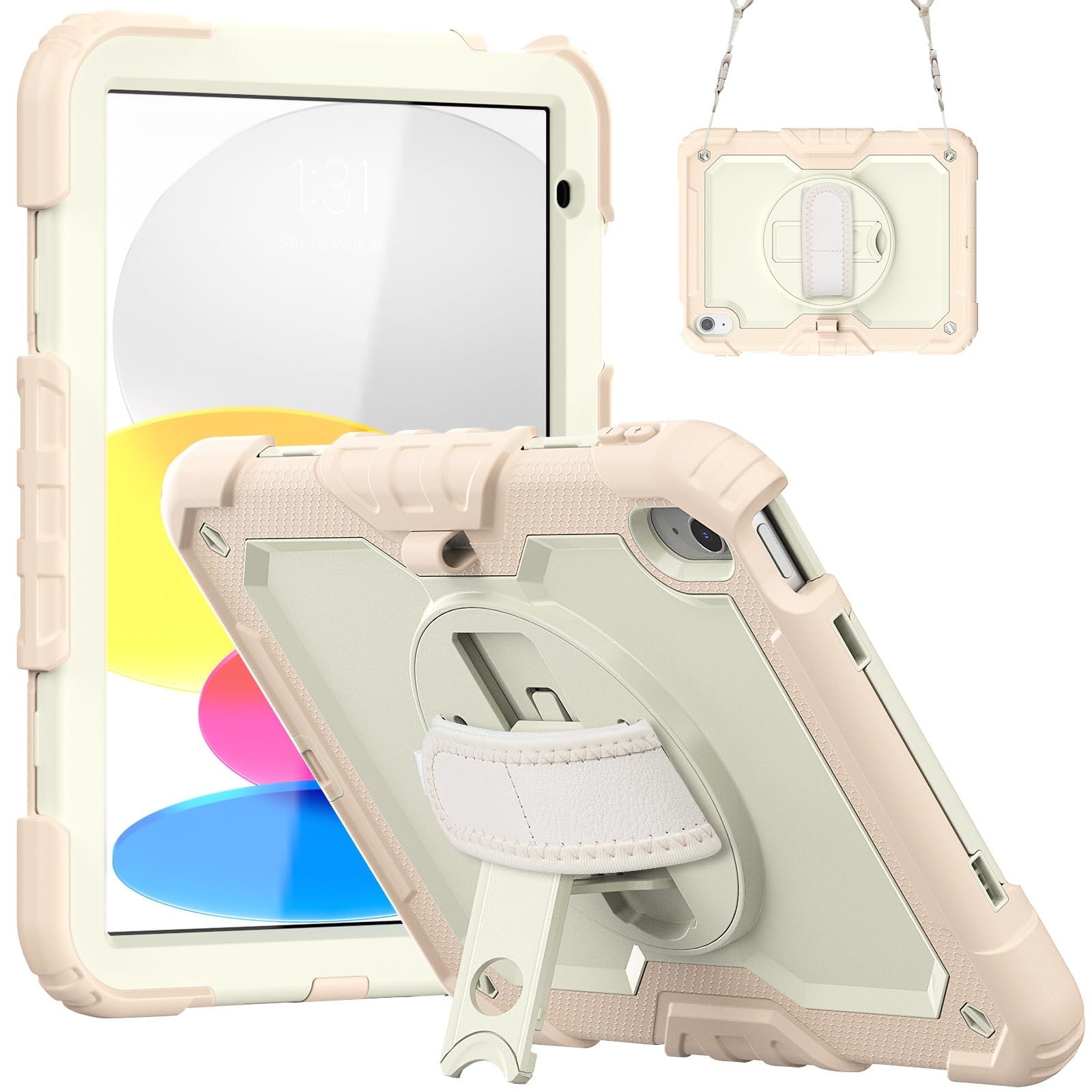 Kompatybilny z etui iPad 11. generacji A16 cali 2025 folią ochronną ekranu, wytrzymała, odporna na wstrząsy obudowa, obrotowy pasek rękę 360° i ramię [podpórka] [pasek ramię](Rose Gold)