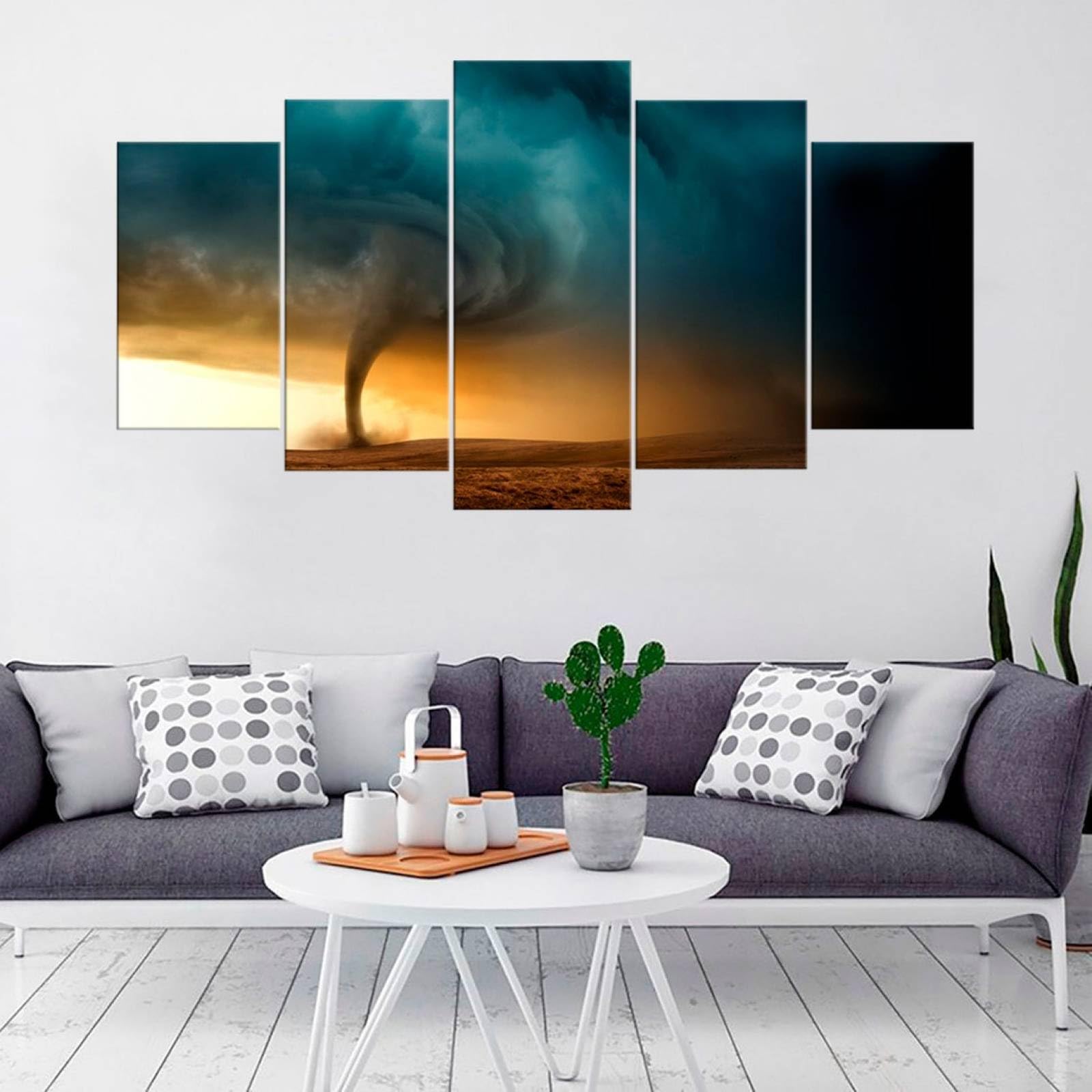 Tableau deco murale salon 5 parties tornade vent orage avec cadre - 7