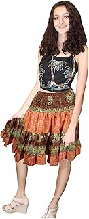 Women's Summer Ruched Skirt – Brown Floral Recycled Silk Beach Skirt with Elastic Waistband S/M