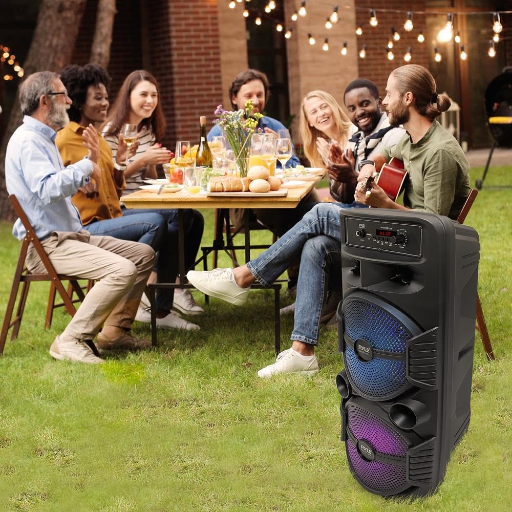 Pyle Enceinte Bluetooth, Enceinte Portable Extérieure Rechargeable de 600 W, Haut Parleur Sono avec Double Caisson de Basses, Tweeter, Entrée Microphone, Lumières de Fête, USB, Radio, Télécommande