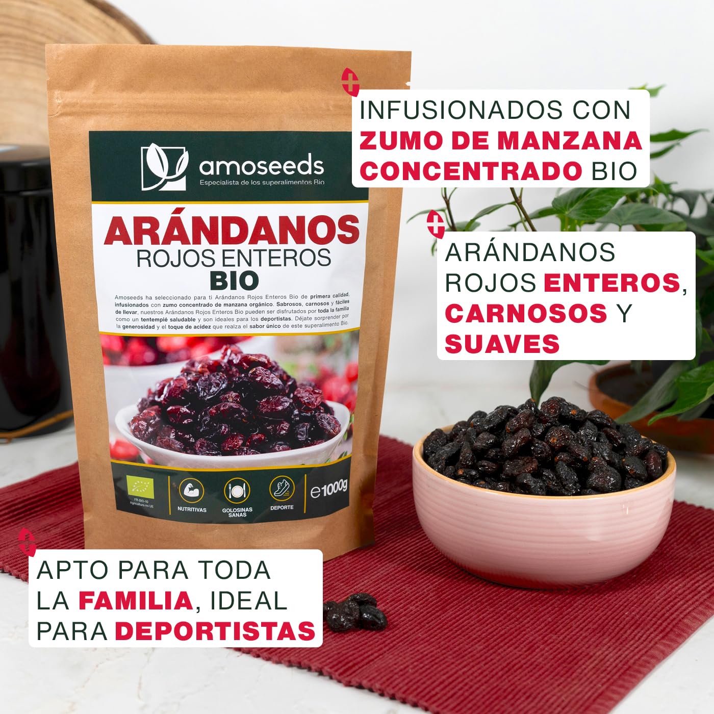 Arándanos Rojos Enteros BIO 1KG | Sin Azúcares Añadidos, Deshidratados | Endulzado con zumo de manzana | Primera Calidad