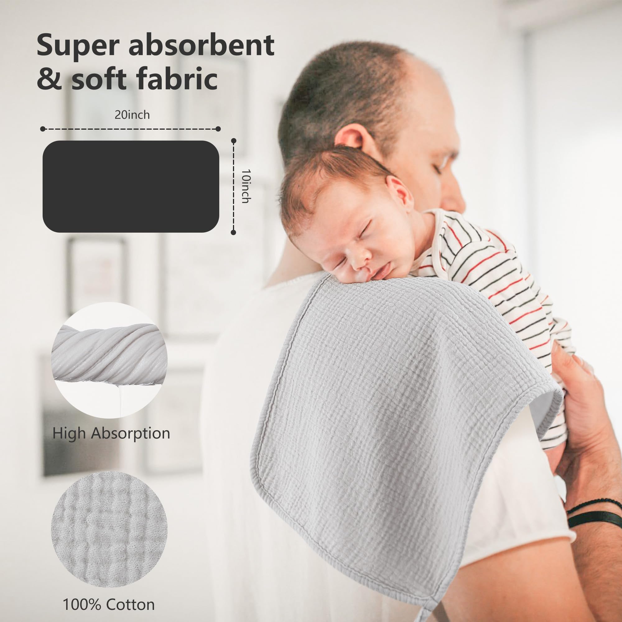 bearmoss Muslin Squares Cloths 100% Cotton Baby Burp Cloth 50x25CM Large Ultra-Absorbent Soft Baby Face Washcloths for Newborn Baby Boy and Girl 5Pack - Image 2