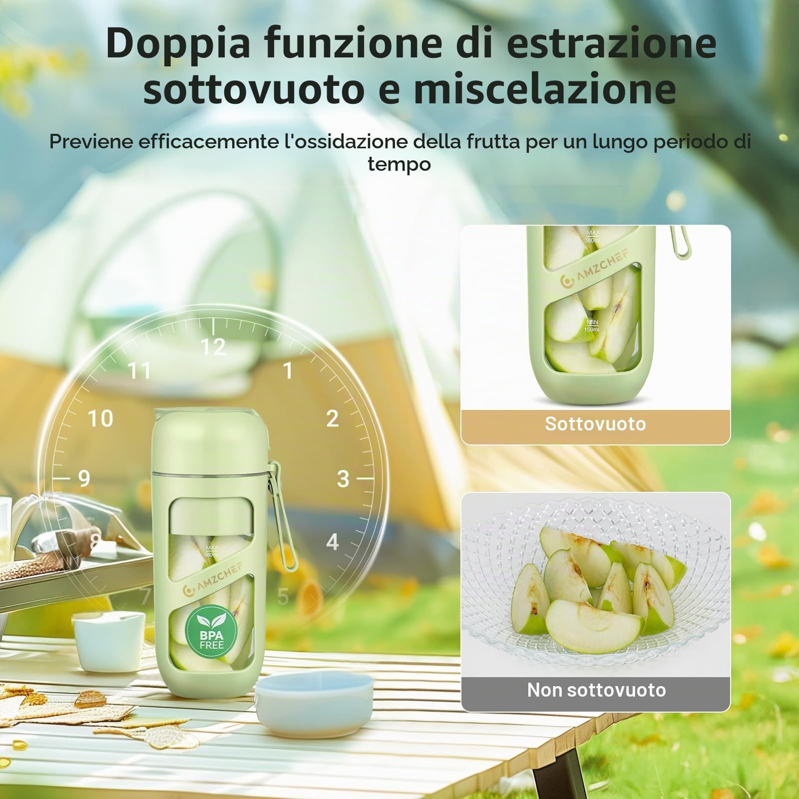 AMZCHEF Frullatore Portatile Sottovuoto - Frullatore Portatile USB Ricaricabile per Frullati e Smoothie - Mini Frullatore Elettrico con 10 Lame per Sport, Viaggi, Escursionismo