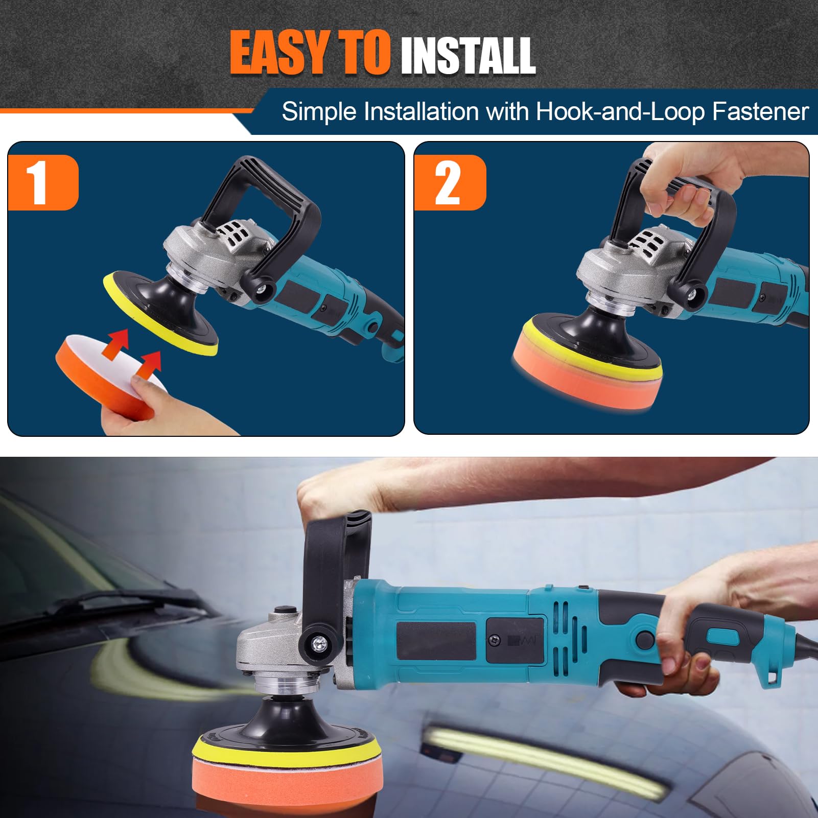 Lucidatrice per auto, 1600 W, 6 velocità variabile, 220 V, 500 – 3300 giri/min, cavo da 1,8 m, 2 maniglie, 125/178 mm, set di lucidatura professionale per mobili auto, barca