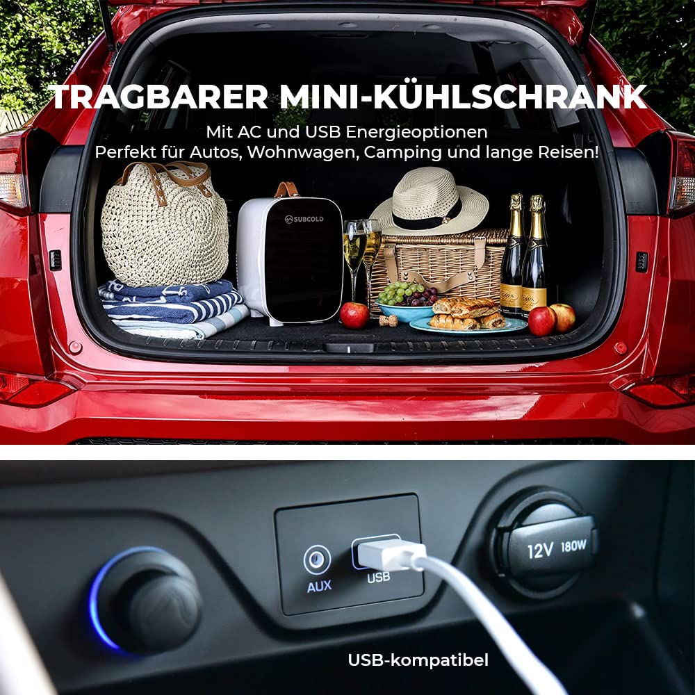 Subcold Pro6 Luxus Mini Kühlschrank Kühler 6 Liter / 8 Dosen AC & Exklusive USB Power Option Kleiner tragbarer Kühlschrank für Büro, Schlafzimmer, Auto, Hautpflege & Kosmetik Schwarz