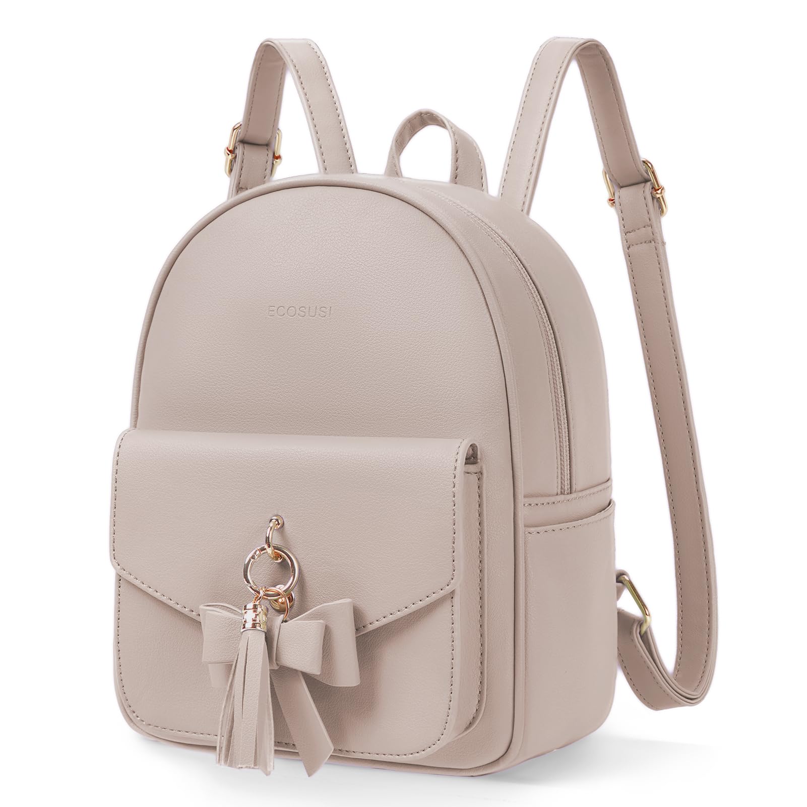 ECOSUSI Mini Backpack for Women Cute Bowknot Small Backpack Purse Ladies Leather Bookbag Satchel Bag, with Charm Tassel Khaki