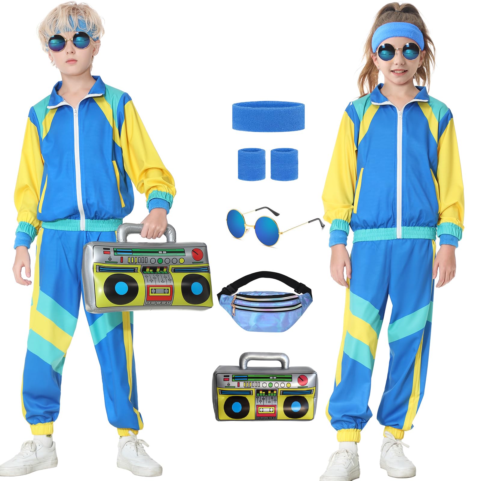 Hislovy 80s Tracksuit for Kids 90s Outfits Boys Girls 6PCS Hip Hop Dance Costume, Colorblock Jacket for Retro Theme Party (Blue, 120)