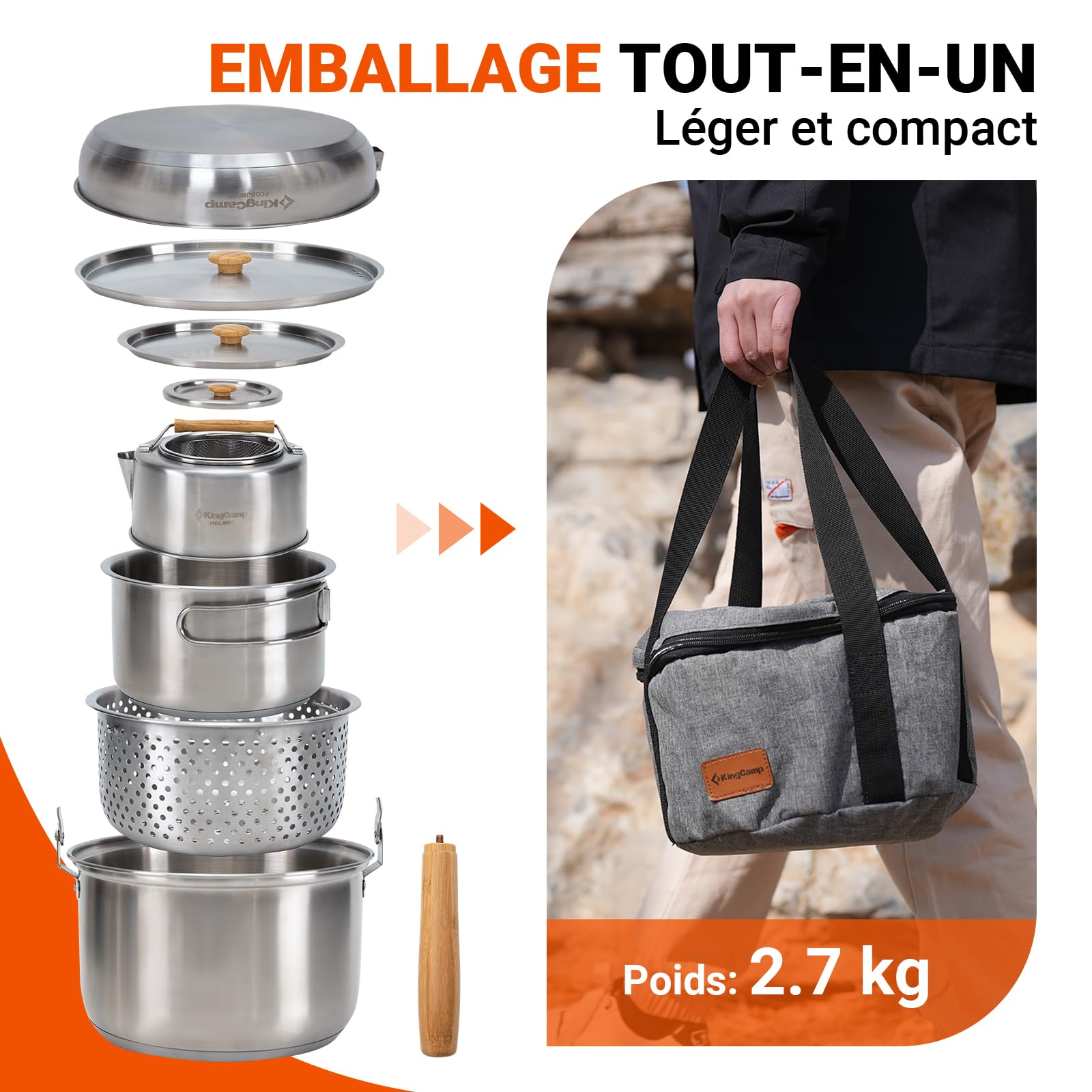 KingCamp Batterie de cuisine de camping en acier inoxydable I Pots de camping I Poêle de camping pour réchaud de camping