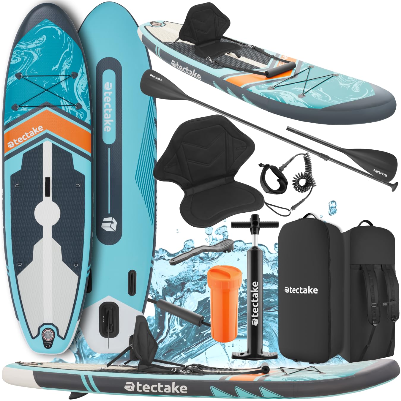 tectake® SUP Gonfiabile, Tavola Stand-Up Paddle Versatile, Materiale Drop-Stitch, 3 Pinne con Pinna Removibile, Pagaia in Alluminio Regolabile, Antiscivolo in Schiuma EVA