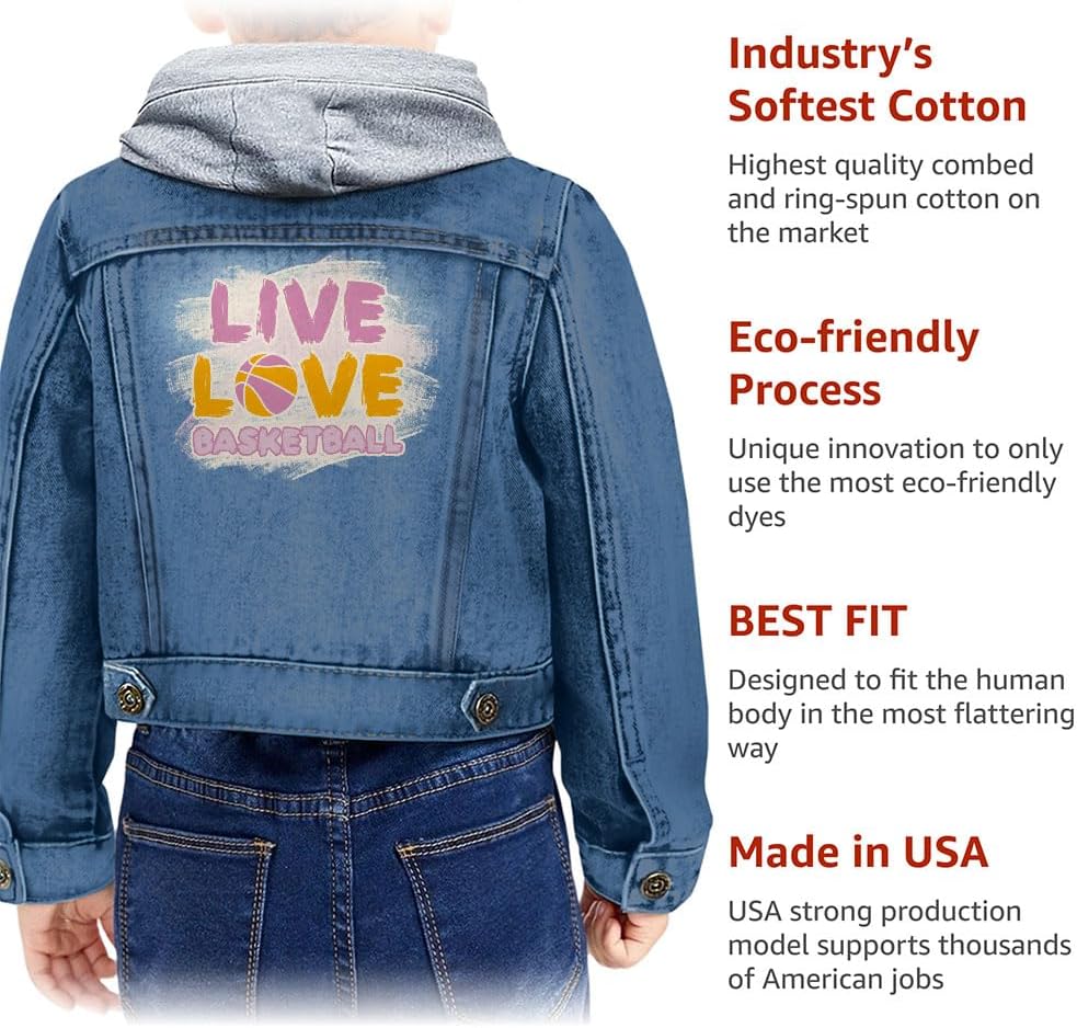 Live Love Basketball Toddler Hooded Denim Jacket - Basketball Lovers Items - Clothing for Boys