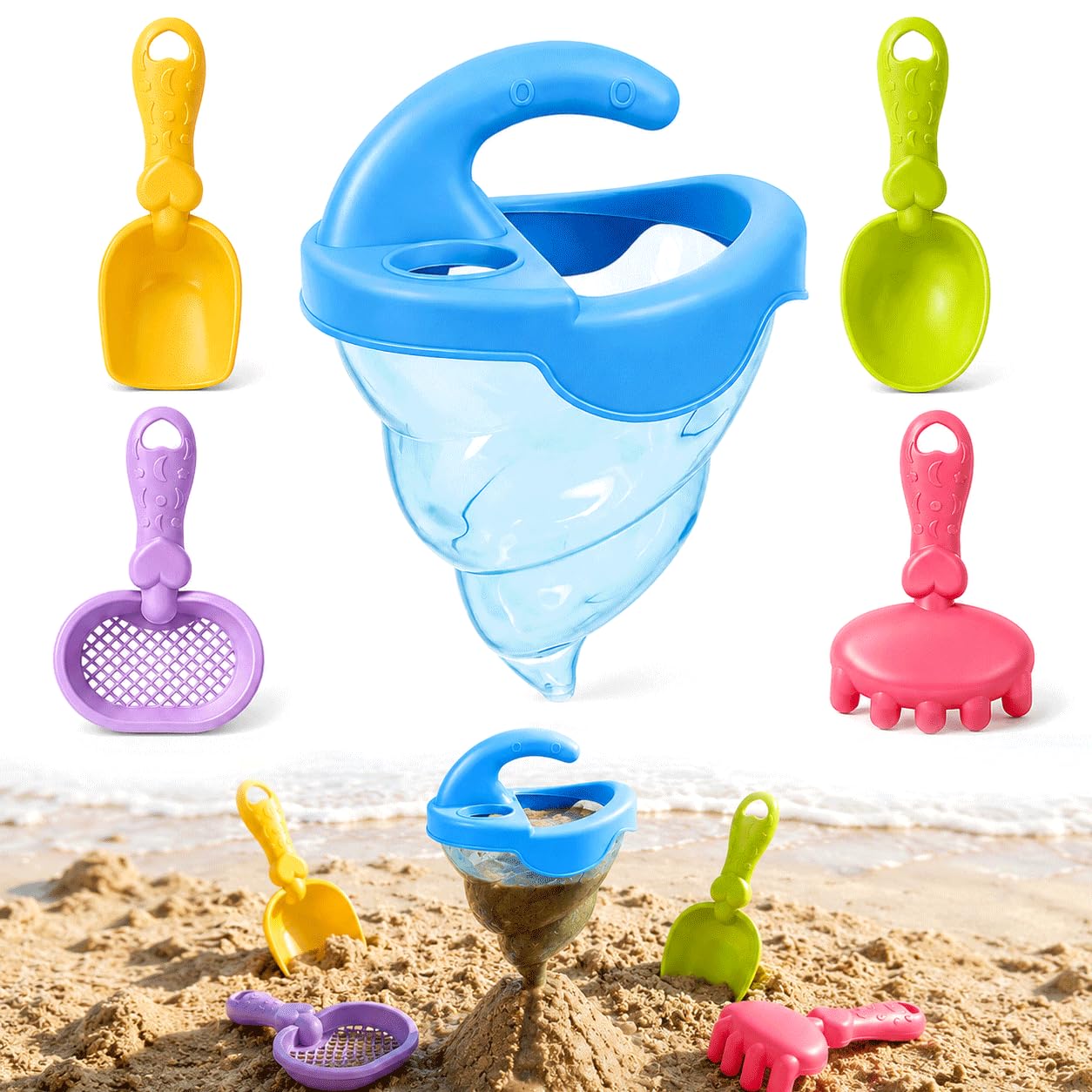 5Pcs Sand Funnel Beach Toy, Sand Spilling Funnel Set with Shovel Rake Sifter Spoon, Drip Sand Castle Maker Water Mixing Toys, Sensory Sandbox Activity Kit for Outdoor Beach Pool Backyard Summer