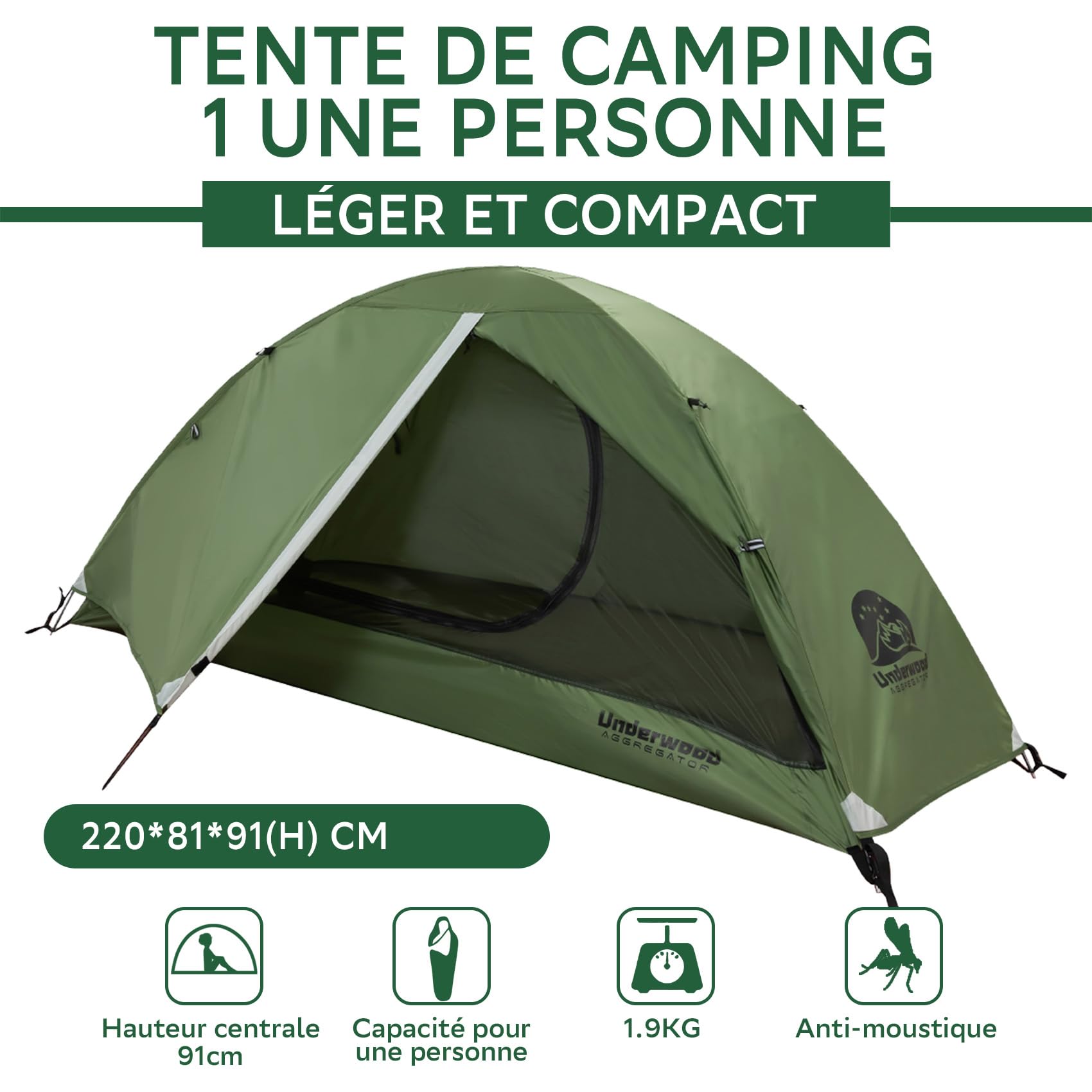 UnderwoodAggregator Tente de randonnée pour 1/2 personne,Tente légère et imperméable pour le camping, facile à installer, tente dôme compacte pour 1/2 personne, tente 3 saisons pour randonnée, camping