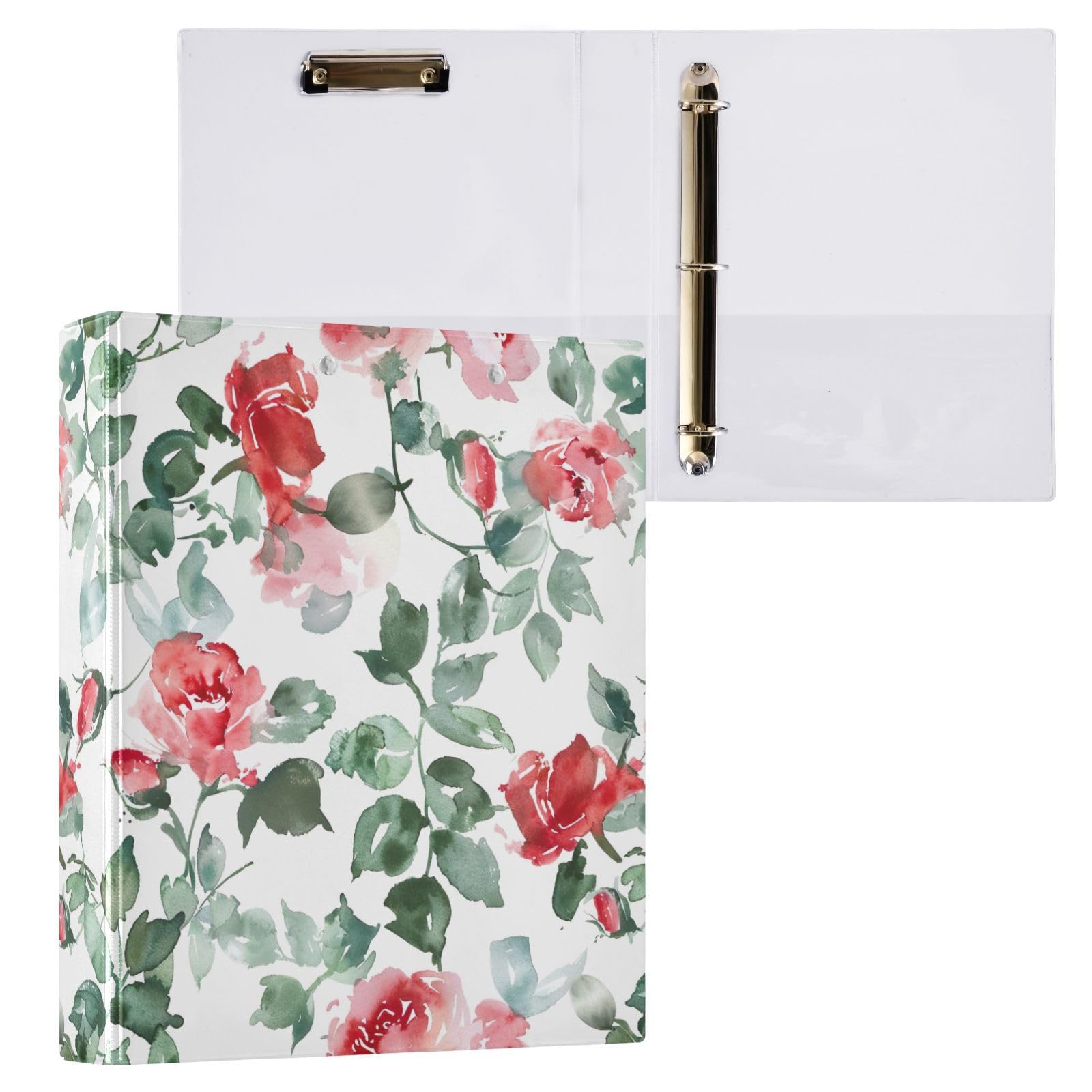Raccoglitori a 3 anelli, 3,8 cm, con rose rosse, decorativi, rotondi, con clip in metallo, organizer per casa e ufficio, confezione da 2