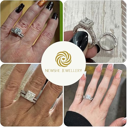 Miniatura 2 de Newshe Jewellery Anillos de Compromiso de Circonia Cúbica, Juego de Anillos de Boda para Mujer, Plata de Ley 925, Corte Princesa Blanca, Conjuntos