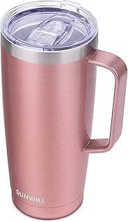 SUNWILL Travel Coffee Mug With Lid, Insulated Tumbler With Handle 24oz, Stainless Steel Coffee Tumbler Double Wall, Reusable Insulated Mug, Pearlized Rose Gold