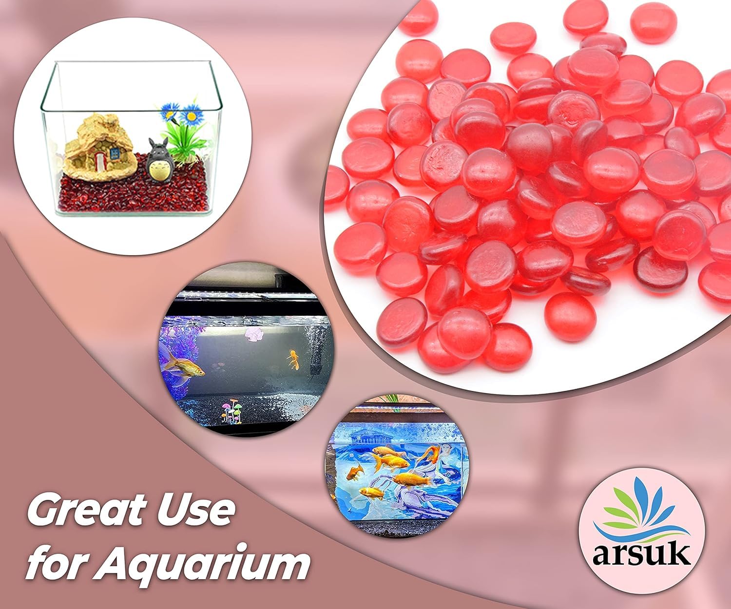 ARSUK 80 Pcs Red Pebbles, Glass Pebbles for Decoration in Fish Tanks Aquariums, Vases, Plant Pots, Gardens, and Home Decor - Image 2