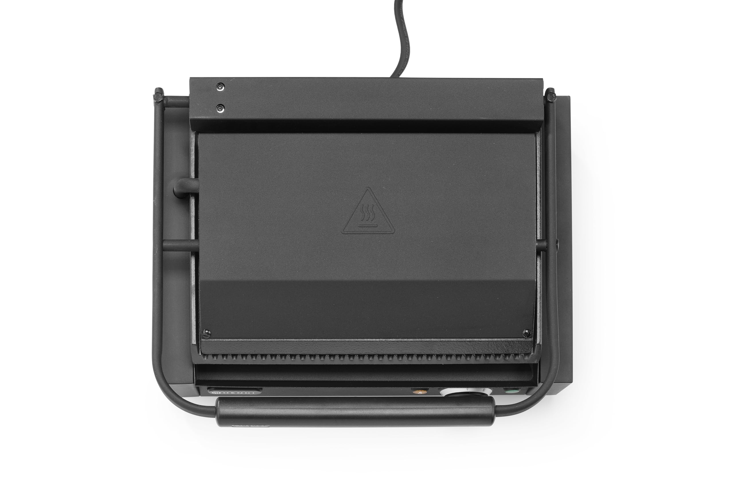 HENDI Piastra Elettrica a Contatto, Grill/Griglia Panini Professionale, Piastre Rigata in Ghisa Smaltata, 230V, 2200W, 430x375x(H)216mm, Acciaio Inox, Nero
