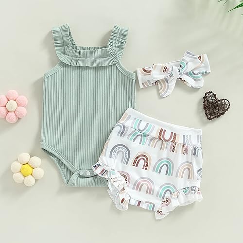 Miniatura 2 de TheFound Trajes de verano para niñas pequeñas, sin mangas, de punto acanalado, halter, pantalones cortos, ropa para recién nacidos, conjunto de 3