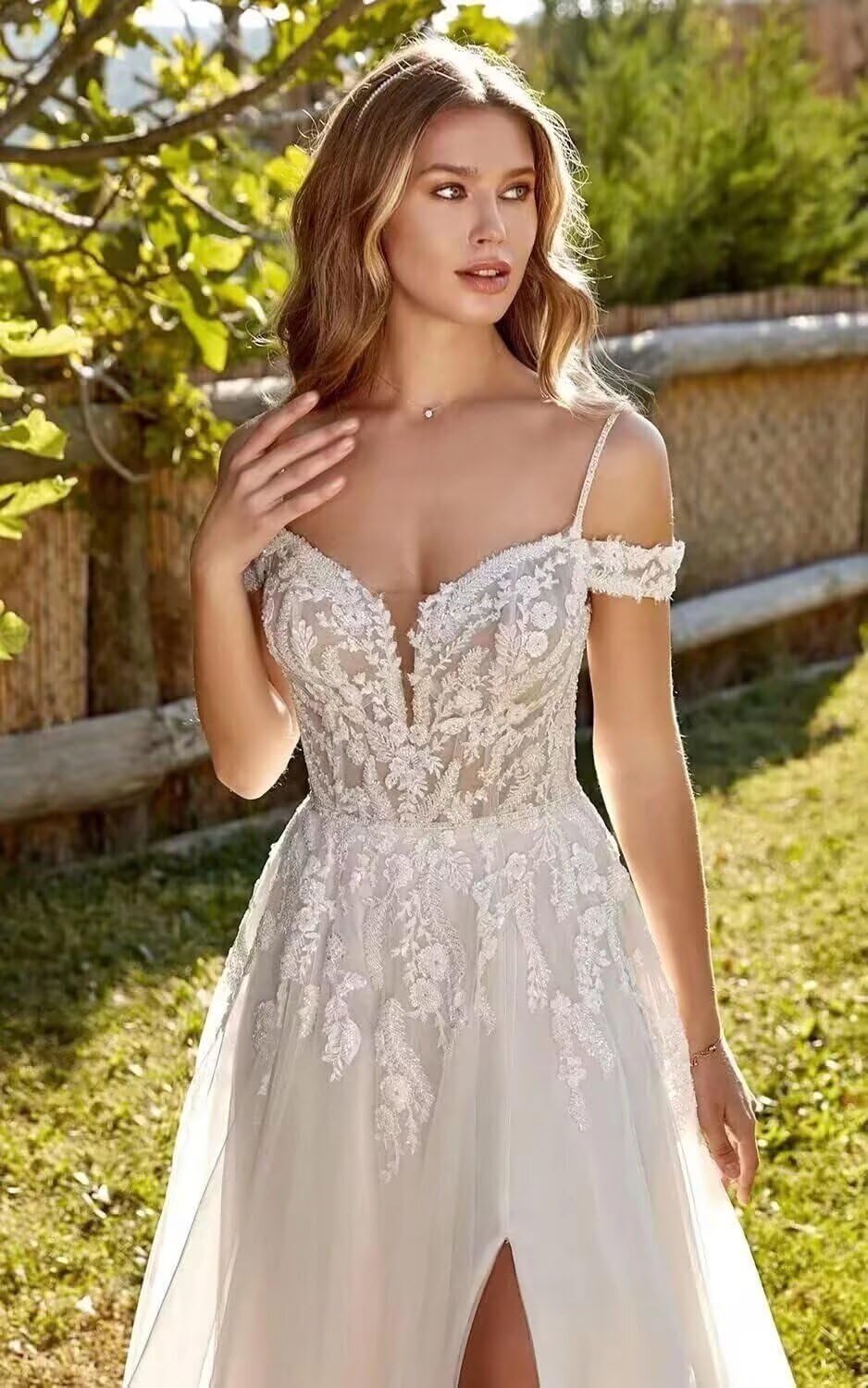 Tianzhihe Off Shoulder Wedding Dresses for Bride Lace Applique A Line Spring Boho Bridal Gown with Train