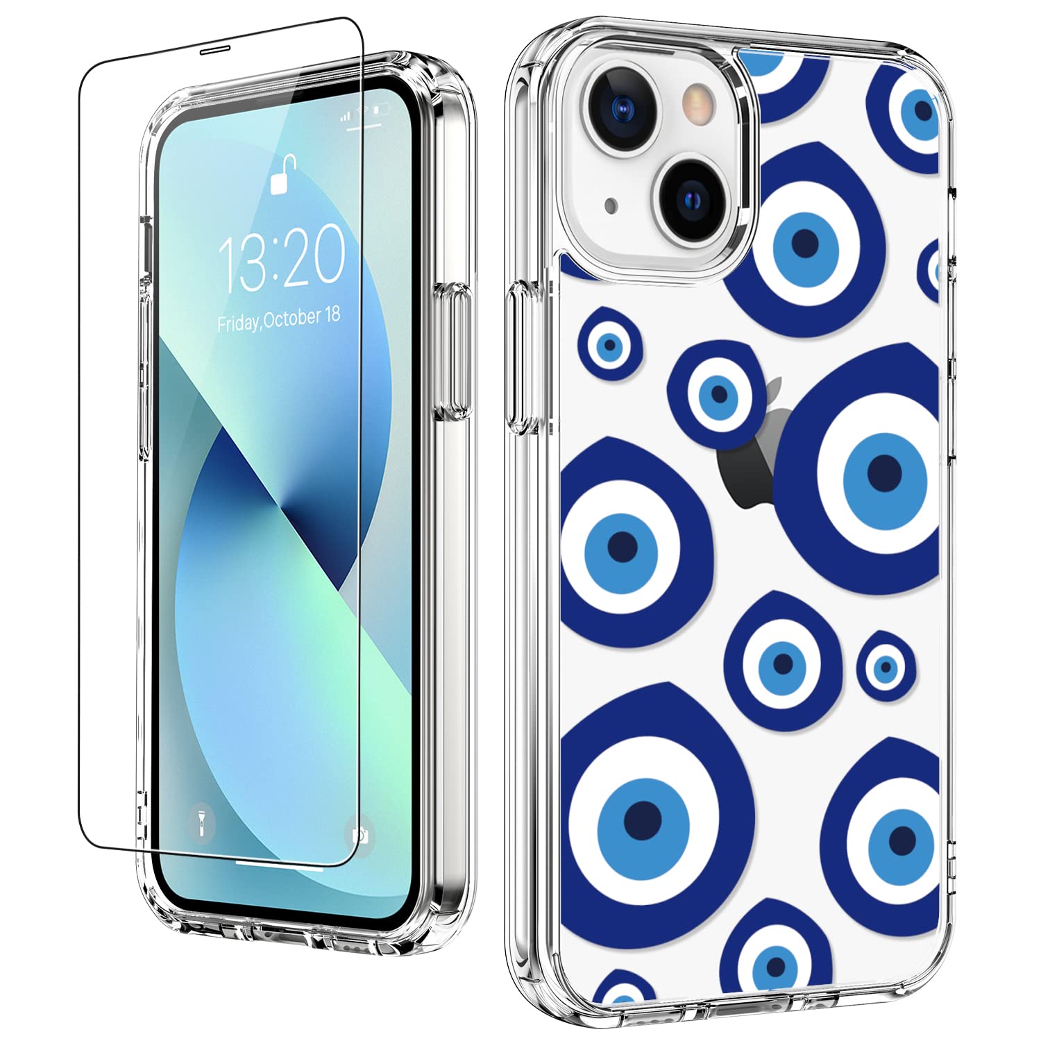 LUHOURIiPhone 13 Mini Case with Screen Protector,Clear Acrylic Cover with Fashion Cute Designs for Women Girls,Slim Fit Durable Protective Phone Case for iPhone 13 Mini 5.4" Blue Circles