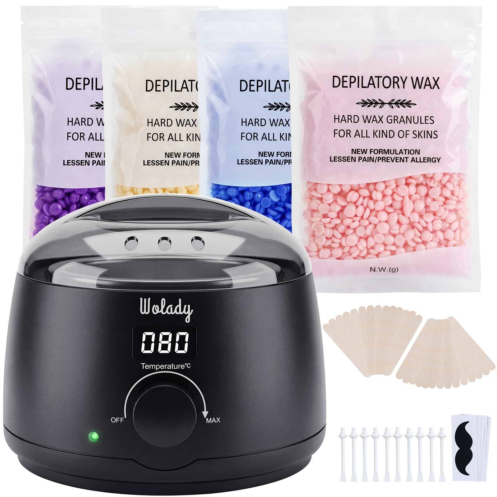Chauffe Cire Épilation à la Cire Chaude Professionnelle 500ml, Wolady Smart Appareil à Cire Avec 4 Sachets Cire et 10pcs Bâtons Épilation Visage Bras Jambes Aisselles (Noir)