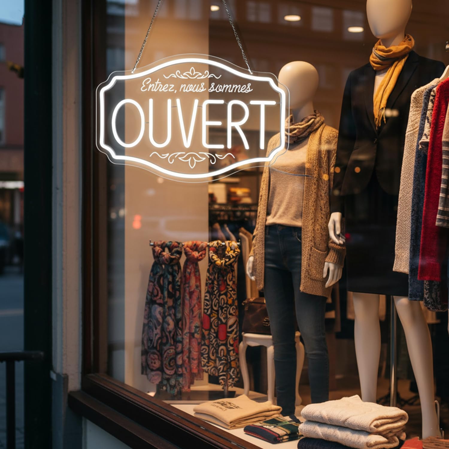 OUVERT Neon Schild, Nous sommes ouverts LED Schild für Geschäfte, weiße LED Neonleuchte für Bars, Restaurants, Supermärkte, Cafés, USB Neon Hängeschild Geöffnet für Tür und Fenster