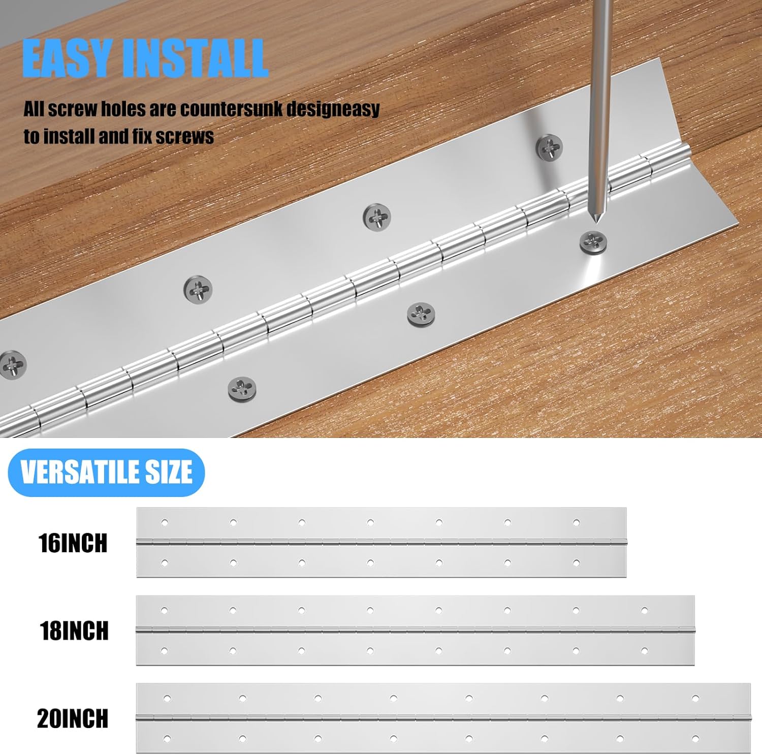Heavy Duty Piano Hinge 20Inch x 2-1/2Inch, 2PCS 0.06" Thickness Stainless Steel Continuous & Piano Hinges for Wood Furniture Mailbox Tool Storage Boxes Cabinets Door Hinges-Silver