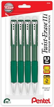 Pentel Twist-Erase III Mechanical Pencil, 0.5mm, Fine Line, Green Barrel, Pack of 4 QE515BP4D