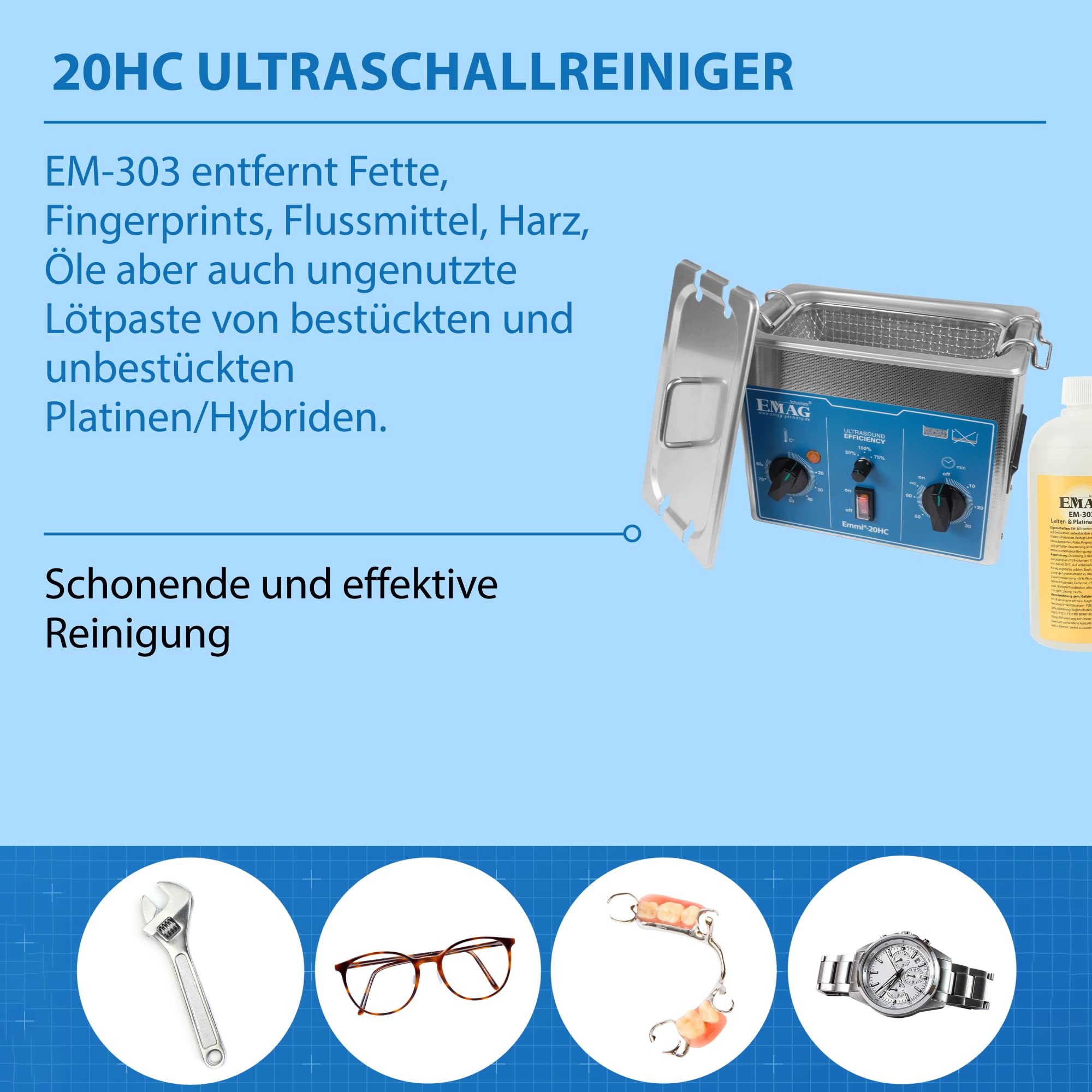EMAG Ultraschallreiniger Emmi 20HC Platinen-Set I Für Elektrokomponenten & Platinen & auch Schmuck I Ultraschallreinigungsgerät aus Deutschland I 1,5l