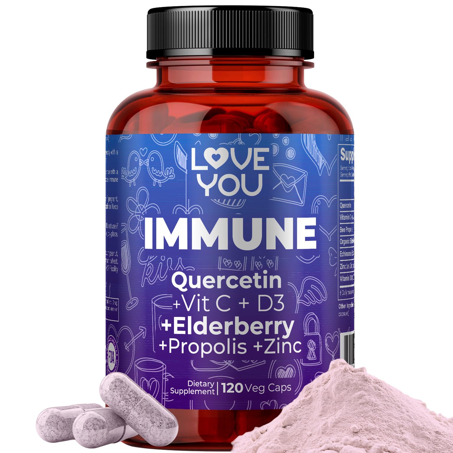 Love You Immune Support Supplement - with Vitamin C, Zinc, & Elderberry - 120 Veggie Capsules
