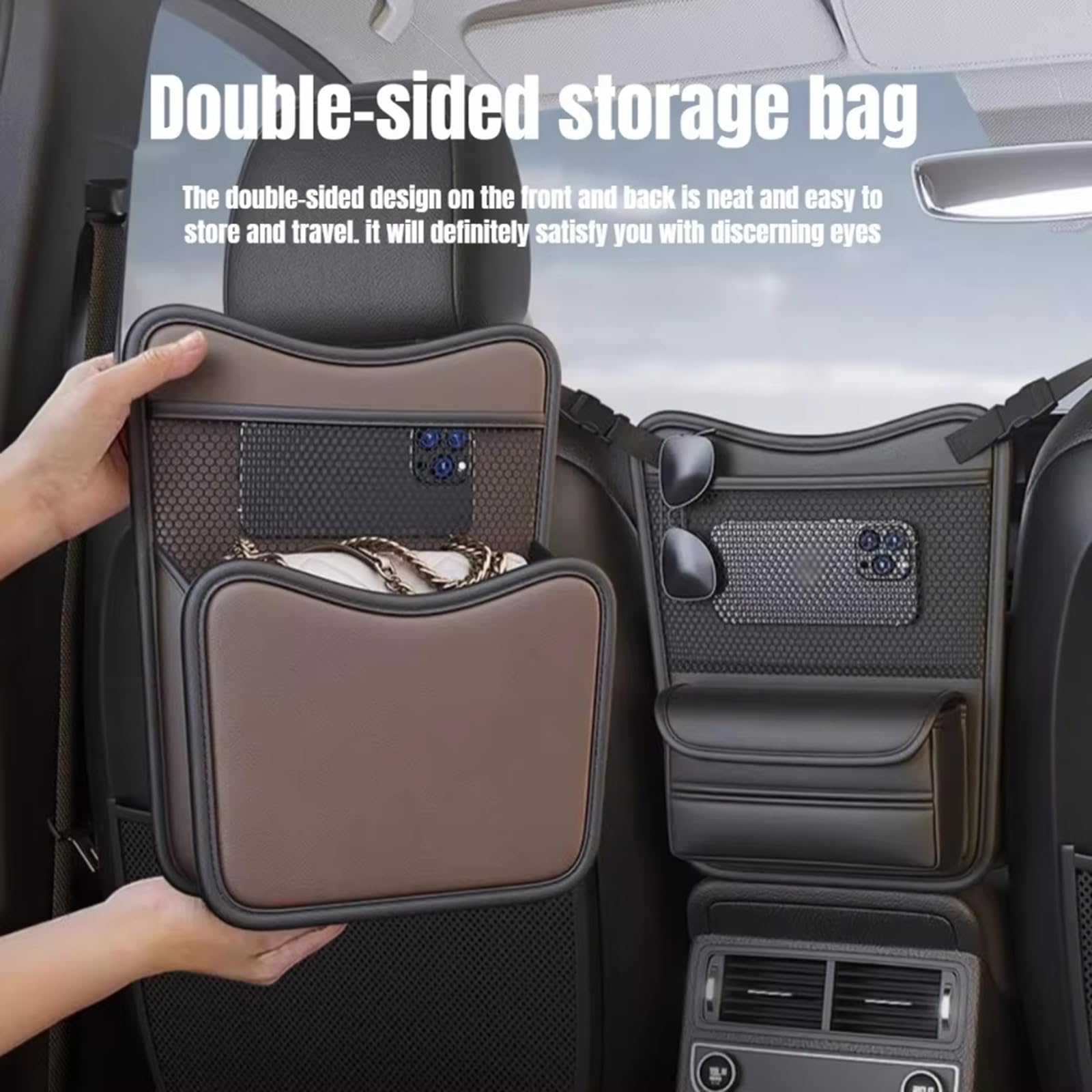 Borsa Portaoggetti per Auto per VW Tiguan (2007–2026), Design Fronte-Retro, con Porta-Fazzoletti e Tasca per Telefono,A Black