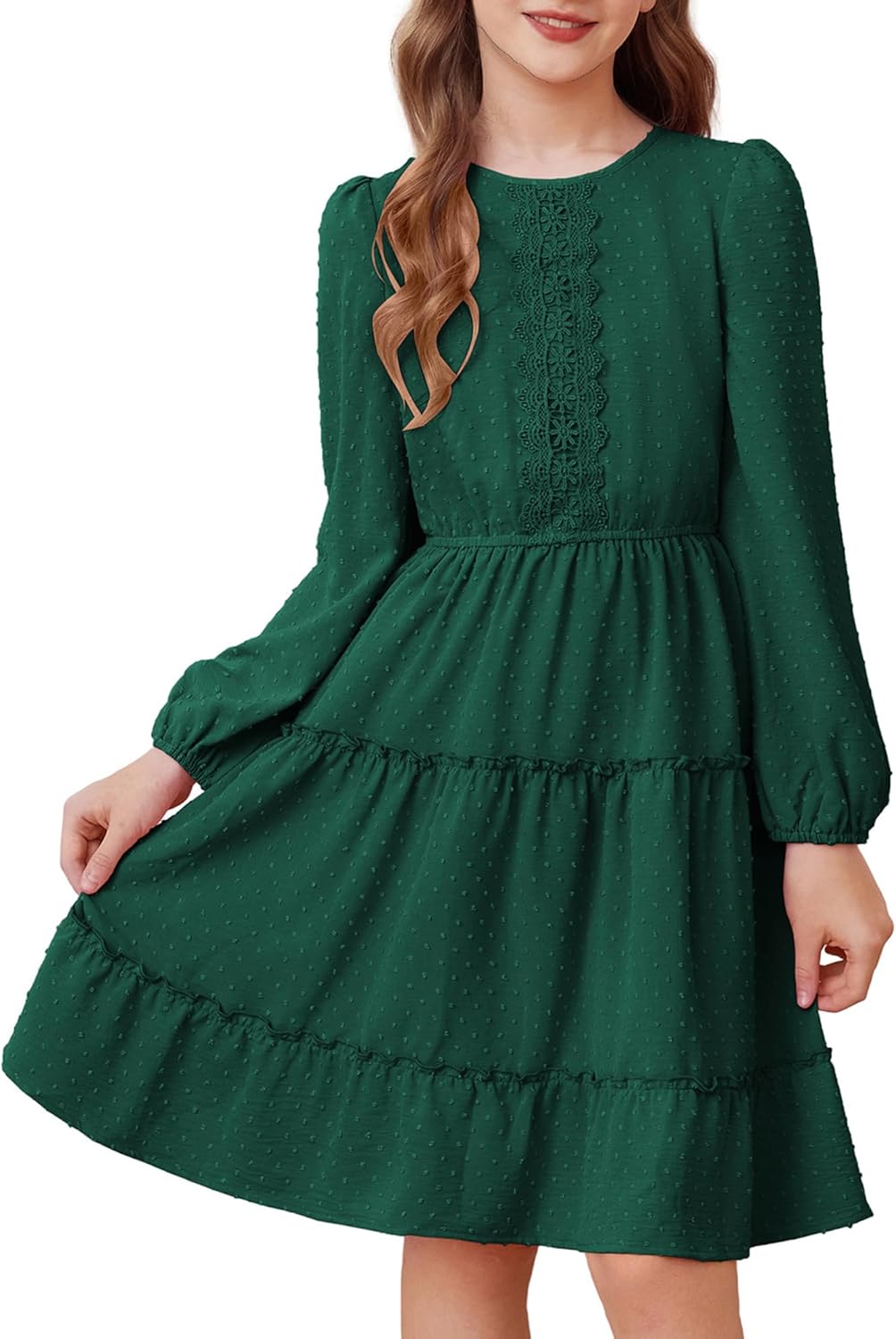 GRACE KARIN Girls Long Sleeve Fall Dress Casual Party Teen Swiss Dot Ruffle Tiered Lace Dresses for 7-14 Years