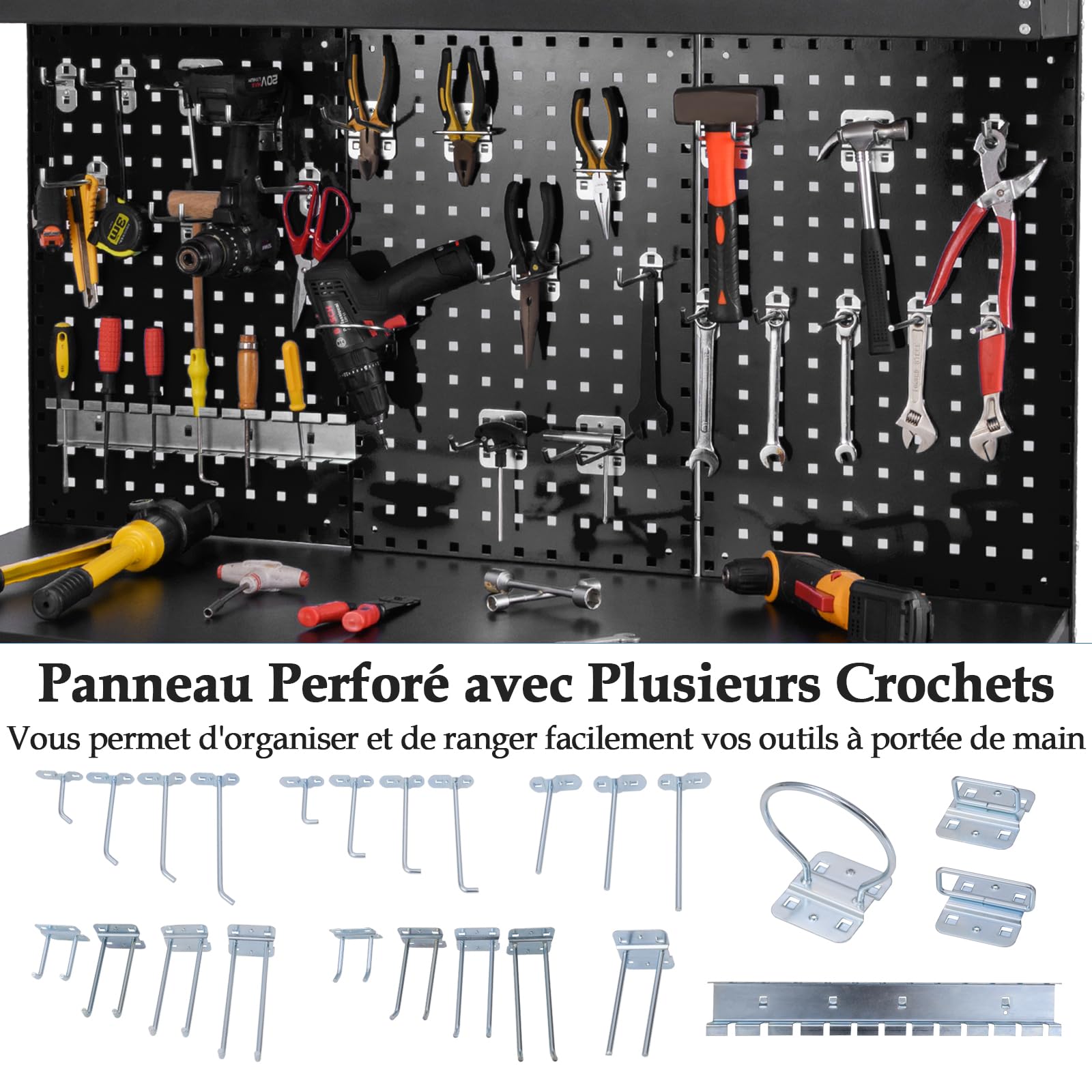 GYMAX Établi Garage Atelier avec Table de Travail, 24 Crochets pour Rangement d'Outils, Panneau Perforé, 2 Tiroirs, 3 Etagères Ouvertes, Charge Max. 230 KG(Noir)