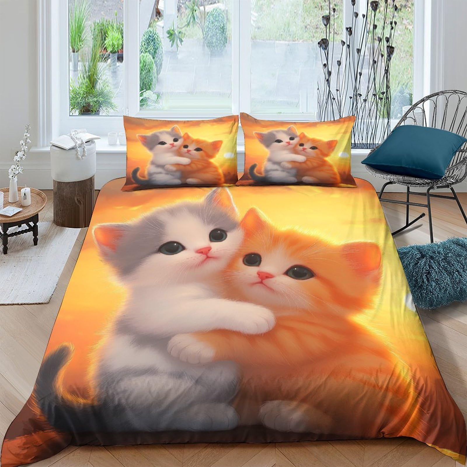 Housse de couette chat 3D anti-décoloration, parure de lit microfibre douce avec zip invisible