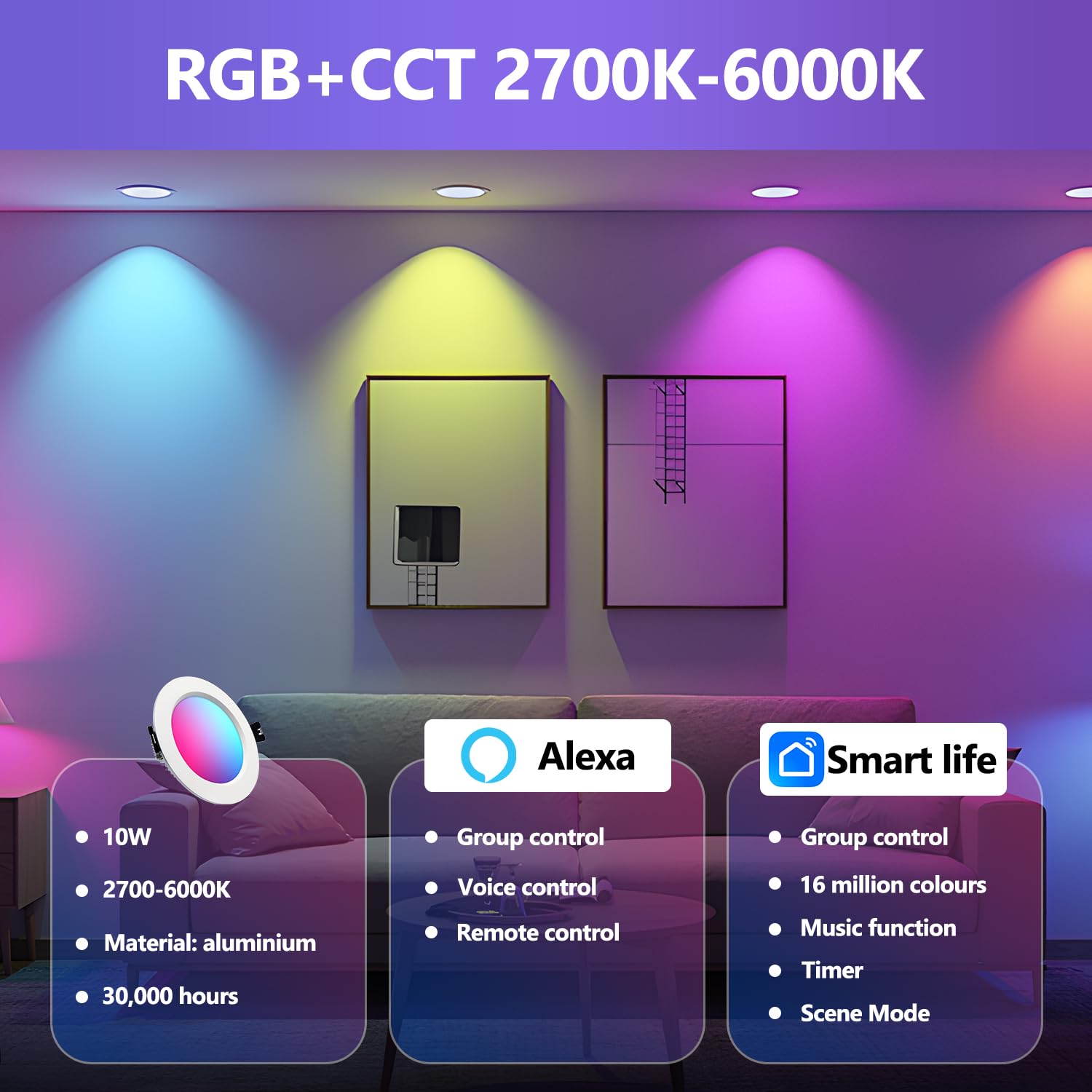 Faretti Led da Incasso per Cartongesso Alexa Wifi Bluetooth, RGBW 2700K a 6000K, Dimmerabili App Controllo, 10W, alluminio, faretti da incasso con gateway intelligente e telecomando, 6pcs