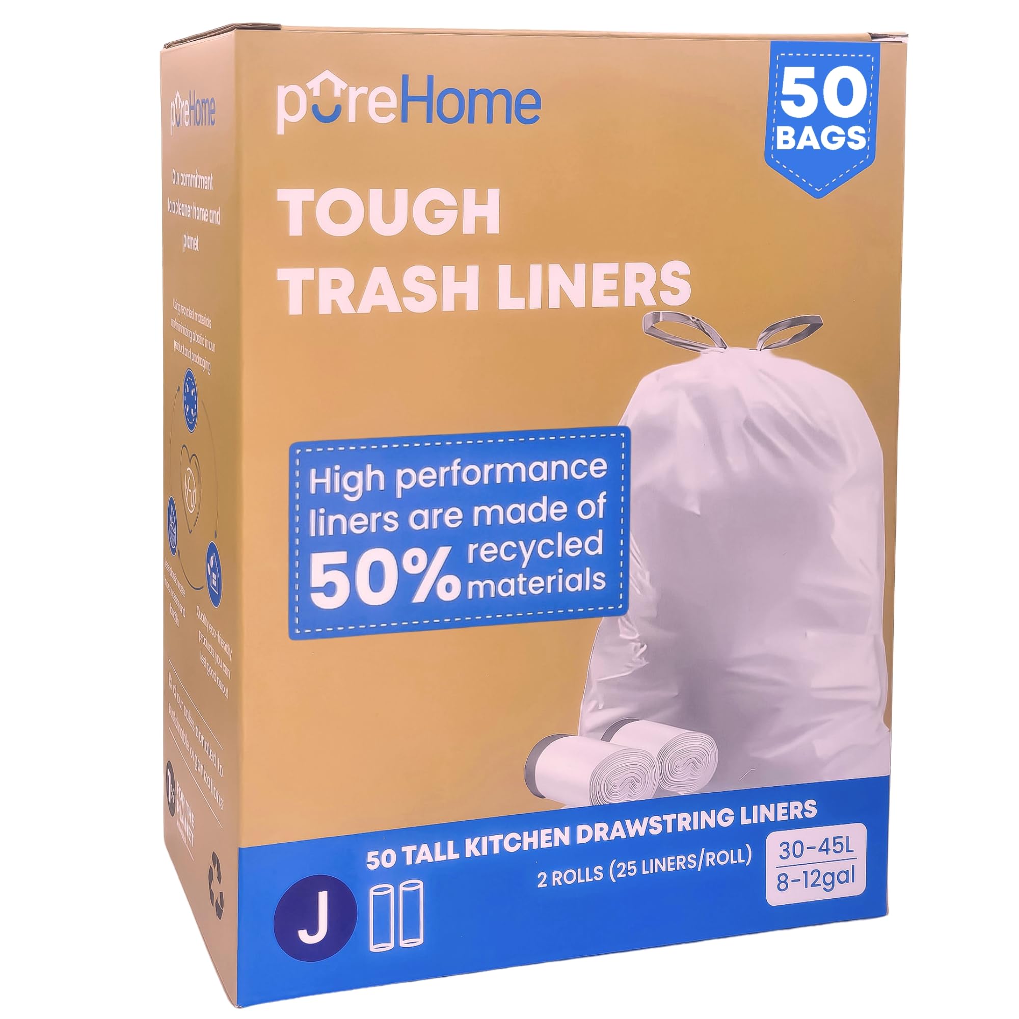 pureHome Tough Trash Bags J, Compatible with simplehuman Code J (50 Count) 8-12 Gallon / 30-45 Liter, White Drawstring Garbage Liners