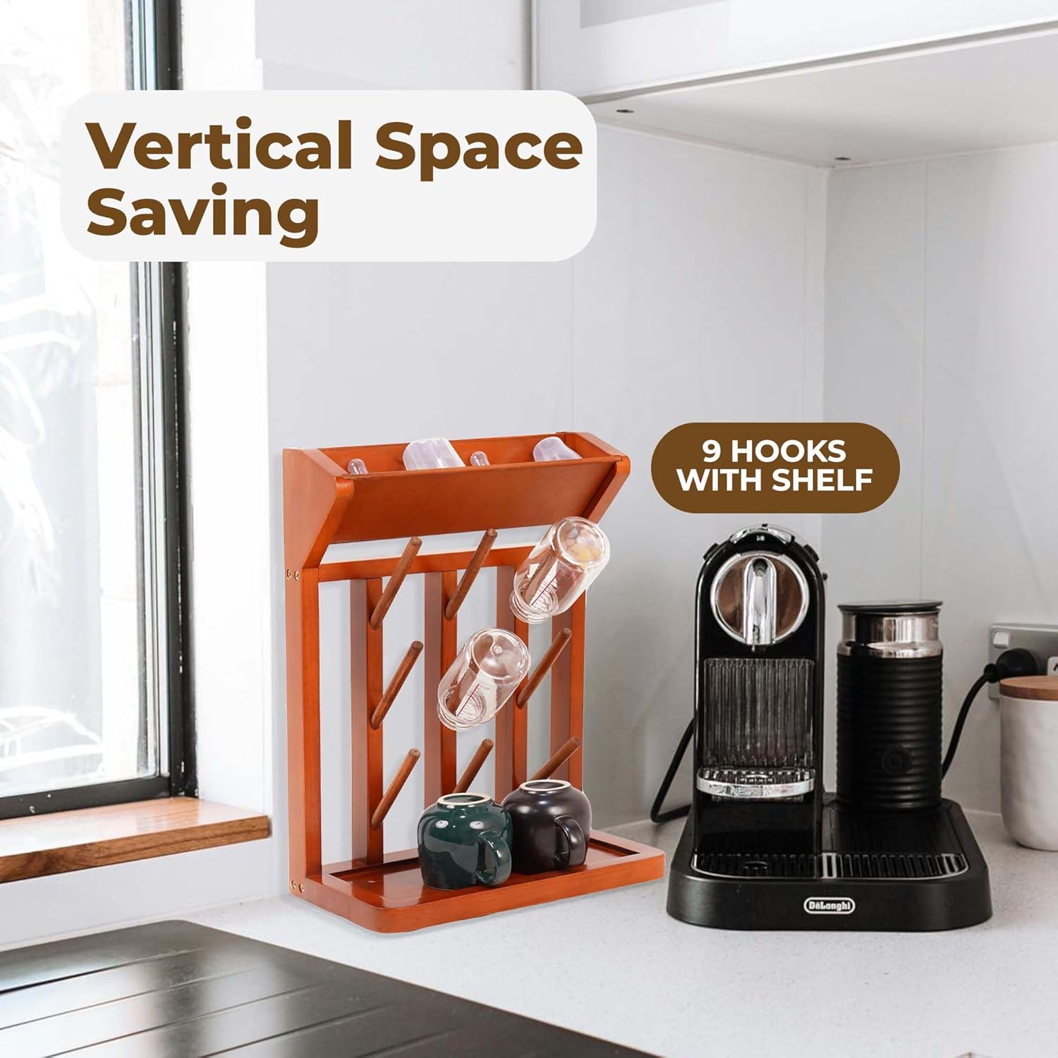 Vertical Rubber Wood Stand, 9-Hook Bottle Drying Rack, for Baby Bottles, Mugs, Glasses | Thread Rack Organizer or Yarn Holder | Kitchen Storage, Sewing Storage Solution, Brown Color