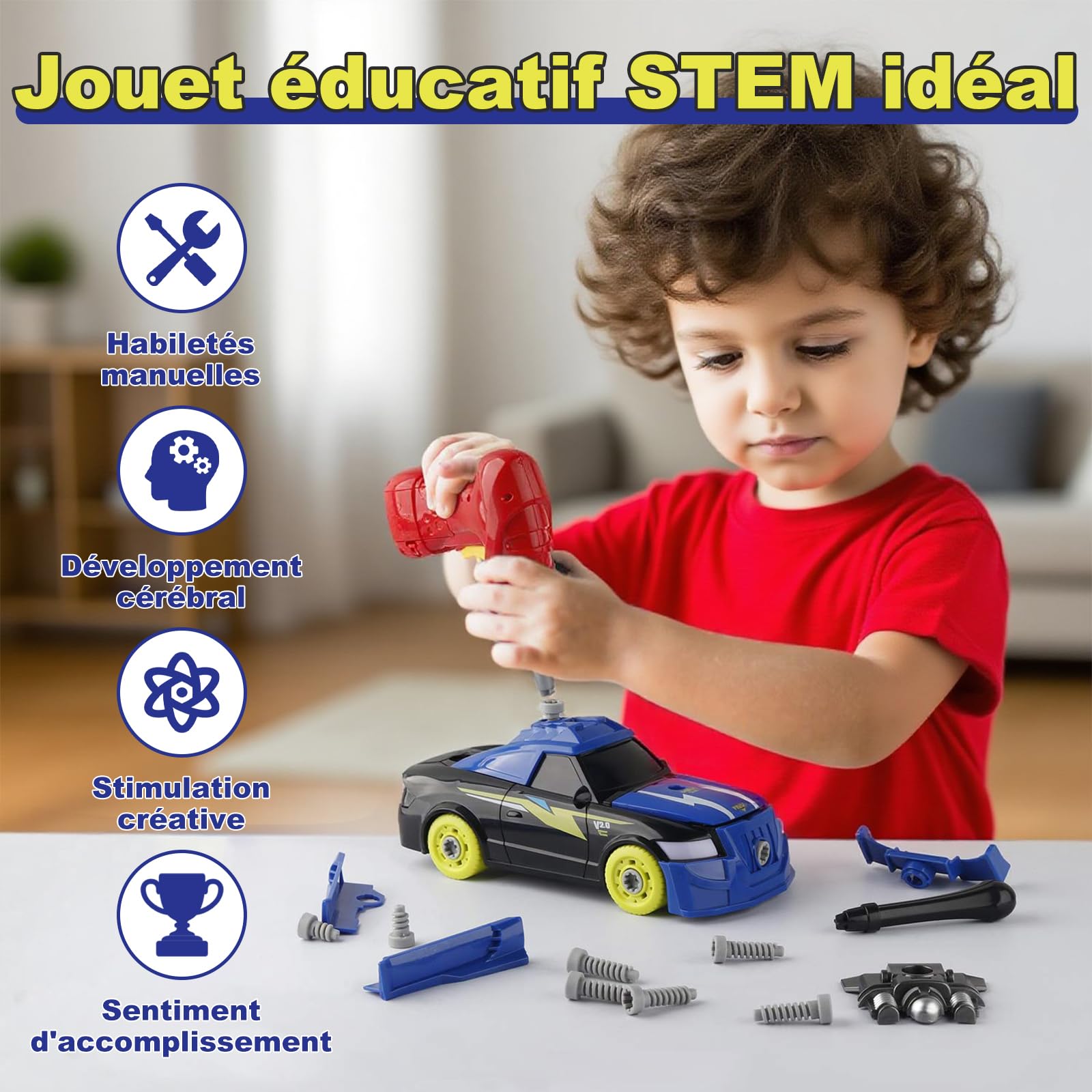 Pup Go Voiture Démontable pour Enfants 3+ Ans, Idee Cadeau de Noël, Jouet Éducatif 26 Pièces avec Perceuse Électrique, Voiture à Construire avec LED et Sons Réalistes (Bleu)