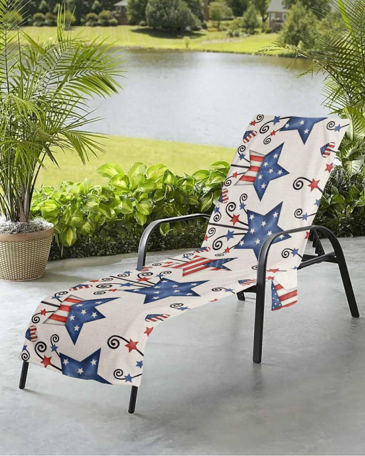 Beach Pool Patio Lounge Chaise Chair Cover Towel with Pockets, Stars Freedom Patriotic Absorbent & Quick Dry Microfiber Towel Cover Bag Summer Travel Accessories for Sunbathing Veterans Memorial Day