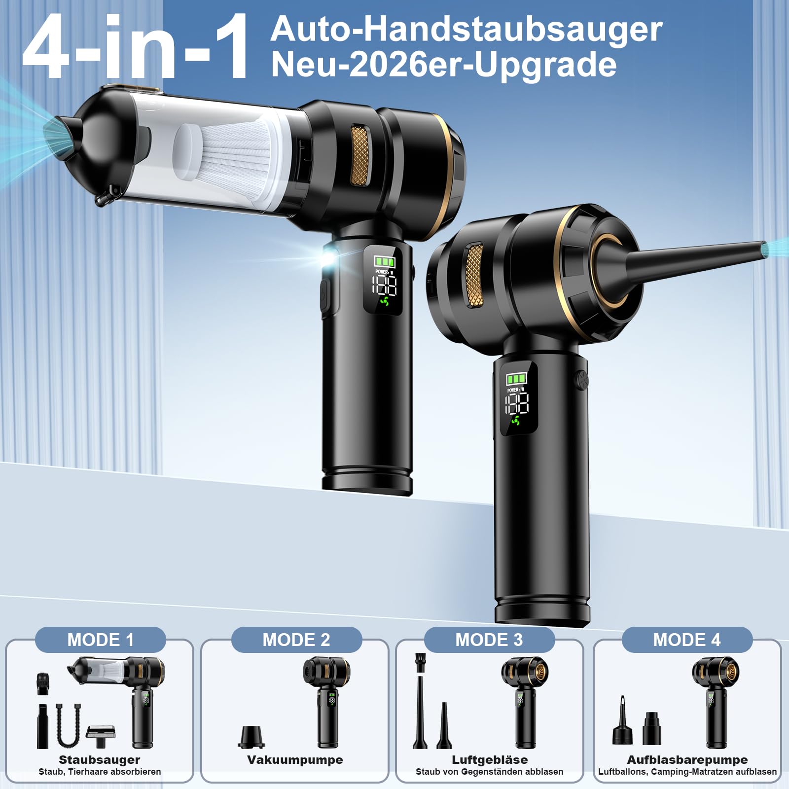 Handstaubsauger Akku 4-in-1, 32000Pa Auto Staubsauger Stark, Handstaubsauger Auto, LCD Display Autostaubsauger, Bürstenlosem Motor, 3-Gang 300000 U/min Staubsauger für Auto/Büro/Tierhaare