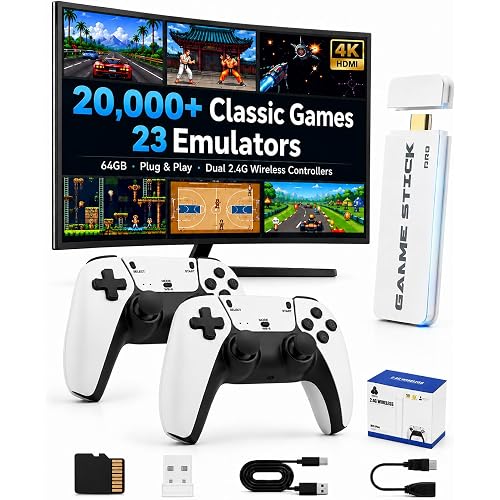 M15 Plus Retro Game Console Stick, 20000+ Classic Video Games Built-in 64GB, 23 Emulators Plug and Play TV Game Stick with Dual 2.4G Wireless Controllers, 4K HDMI Output for TV/Monitor/Projector