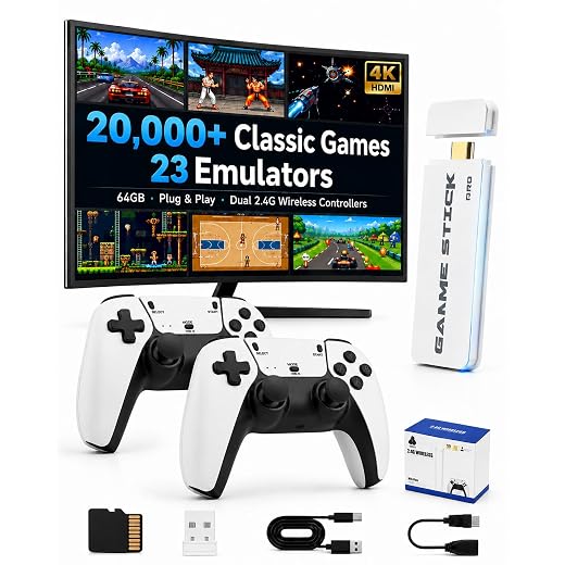 M15 Plus Retro Game Console Stick, 20000+ Classic Video Games Built-in 64GB, 23 Emulators Plug and Play TV Game Stick with Dual 2.4G Wireless Controllers, 4K HDMI Output for TV/Monitor/Projector